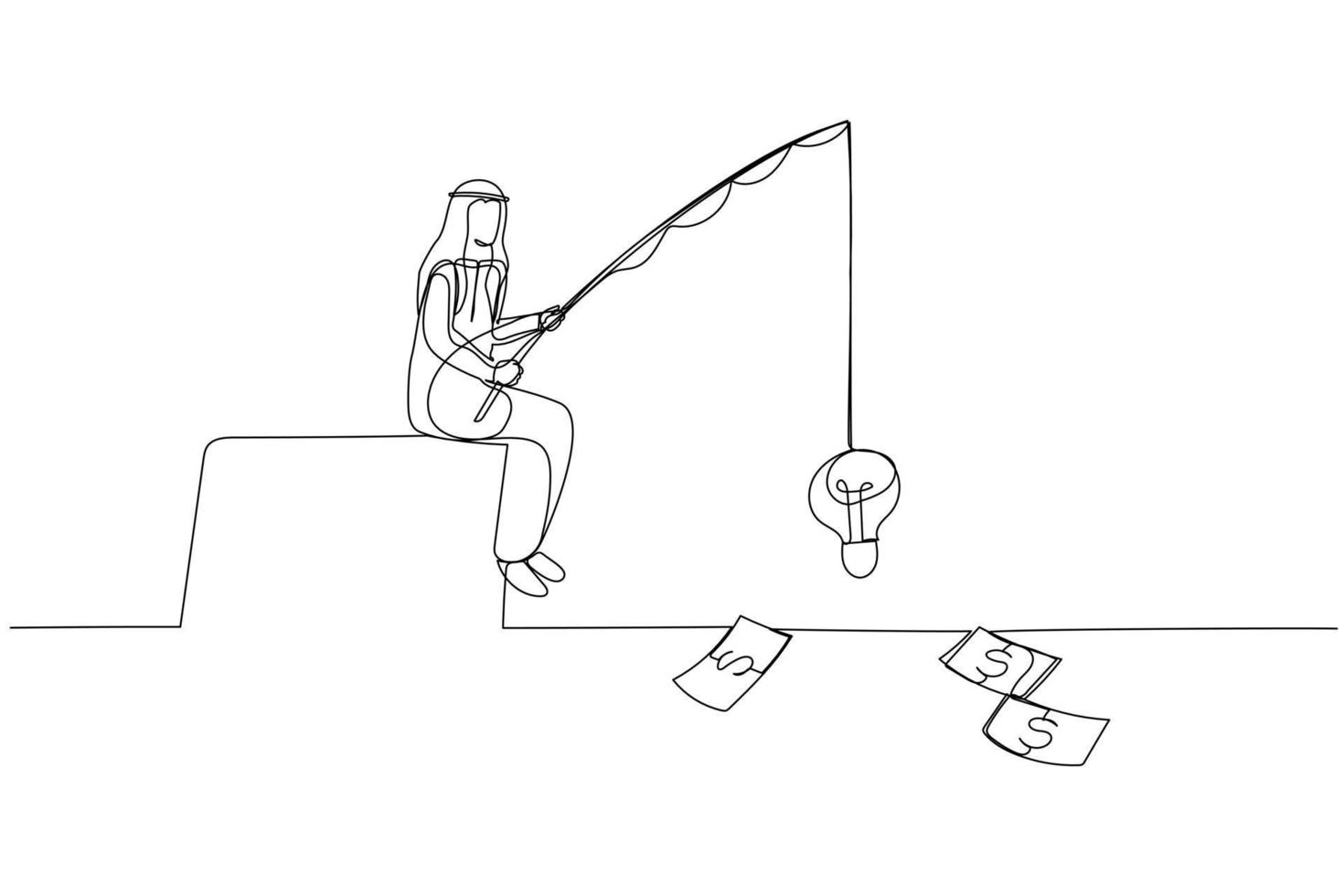 ilustración de un hombre de negocios árabe pescando dinero en dólares concepto de innovación y estrategia. arte de estilo de una línea vector