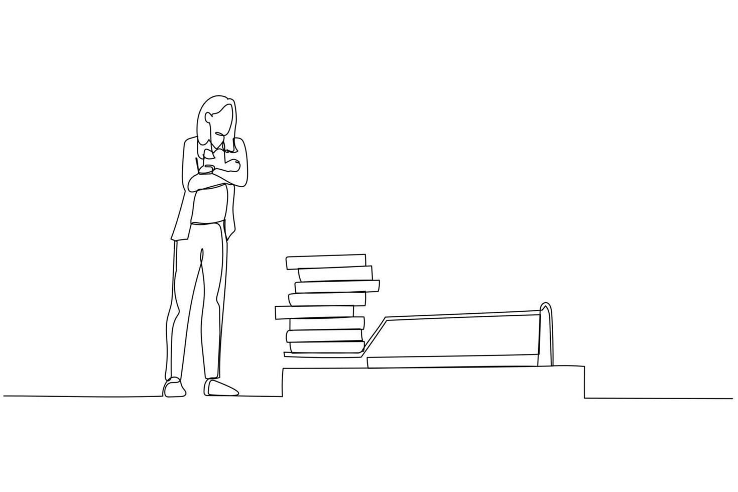 Drawing of business woman looking analyze dollar coin profit on mousetrap. One continuous line art style vector