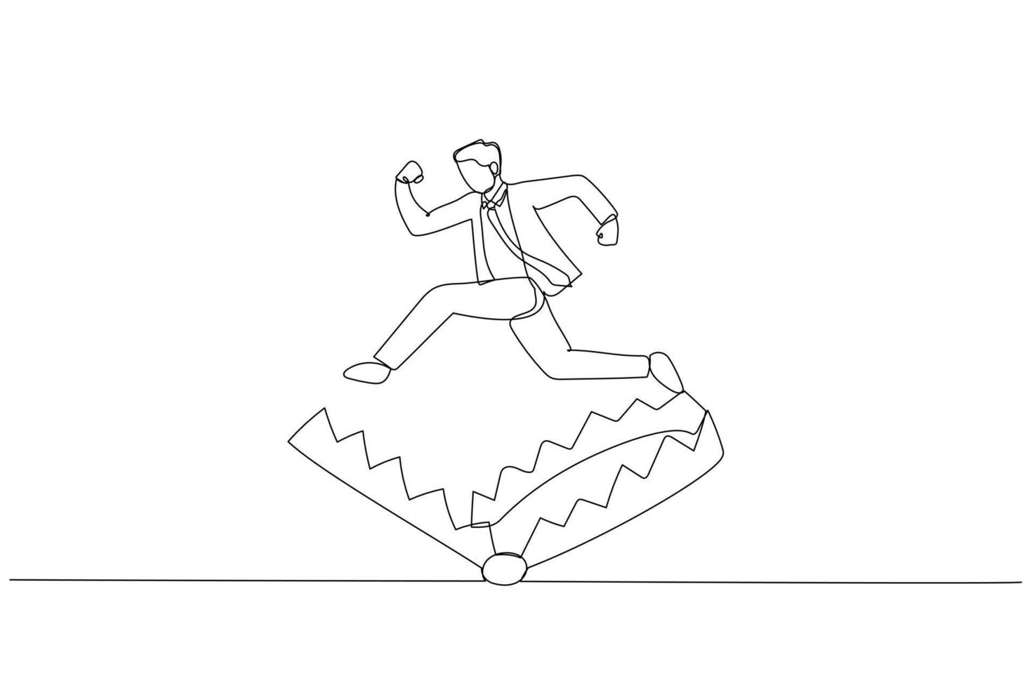 Illustration of businessman jump over trap metaphor of avoid scam business project. Single continuous line art vector