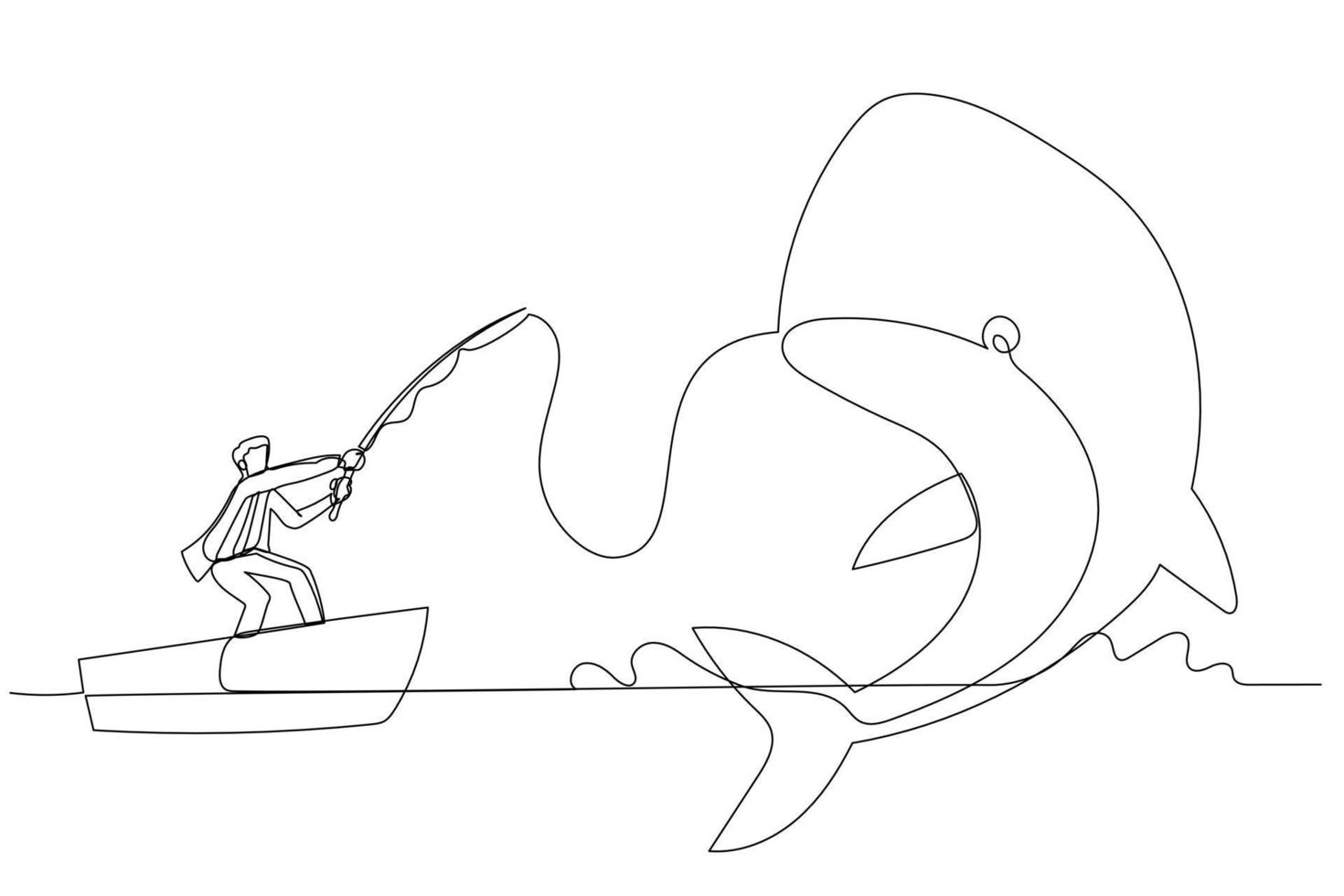 Drawing of businessman get big fish whale concept of catching big profit. Single continuous line art style vector