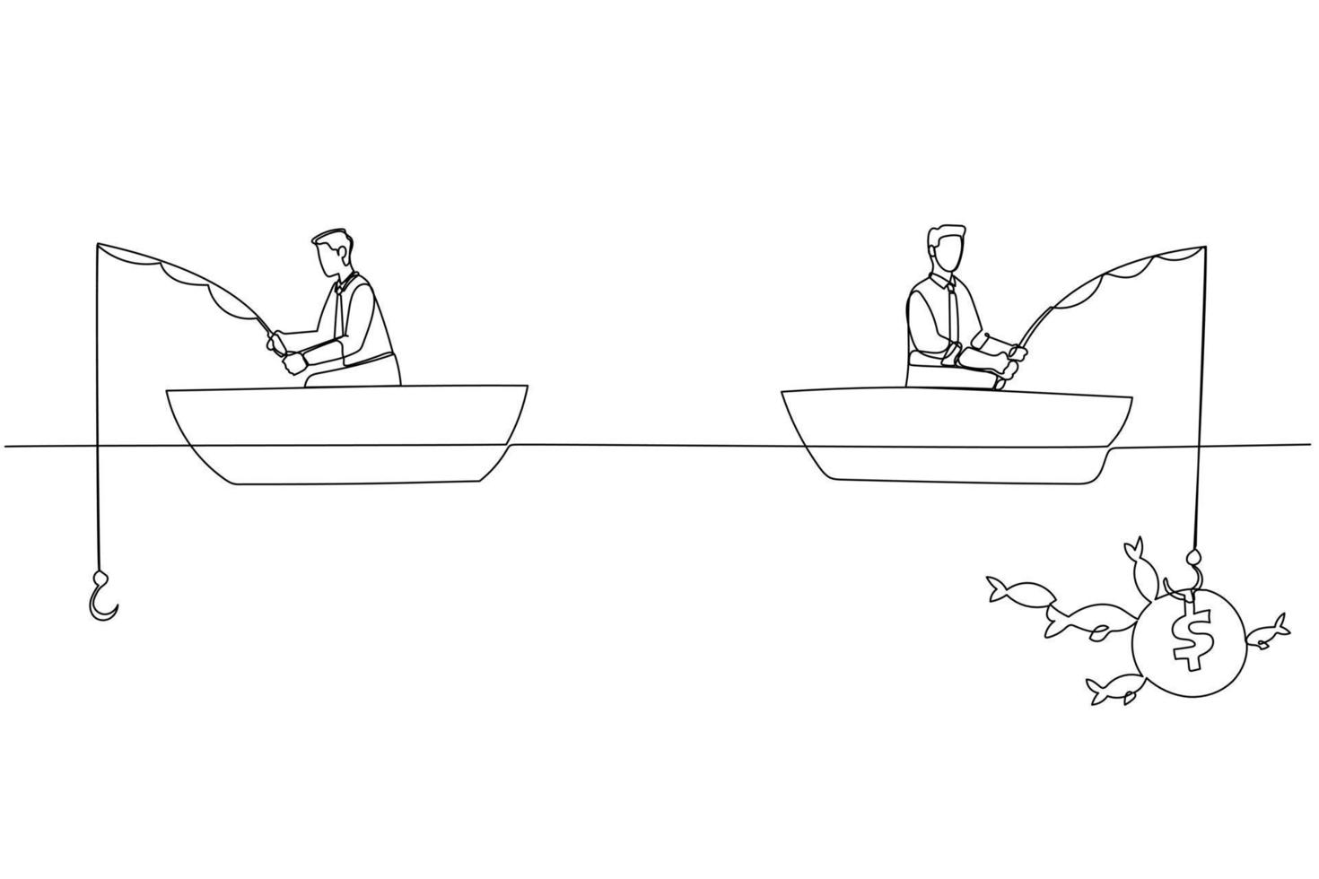 Illustration of businessman fishing dollar money profit sitting in boat. Single continuous line art vector