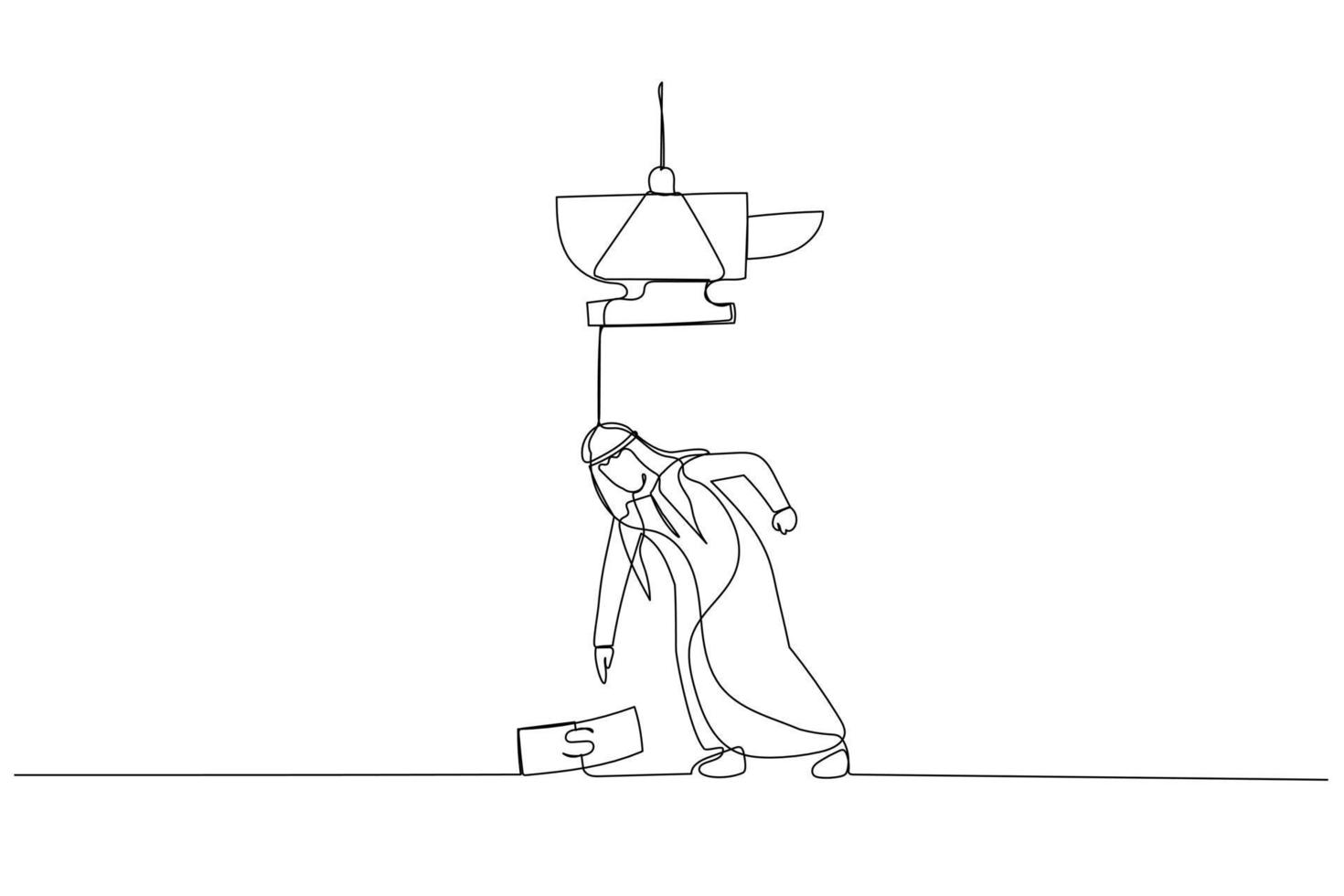 Cartoon of arab man almost crushed by anvil money trap. Continuous line art vector