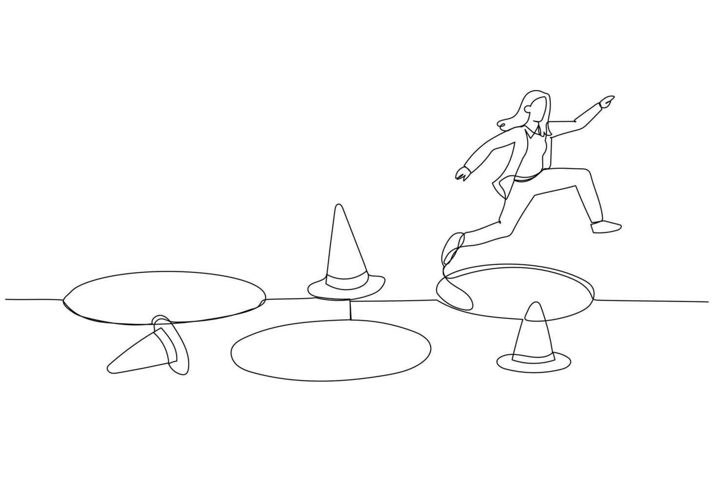 Cartoon of business woman jump pass many pitfalls to achieve metaphor of avoid adversity. Single line art style vector