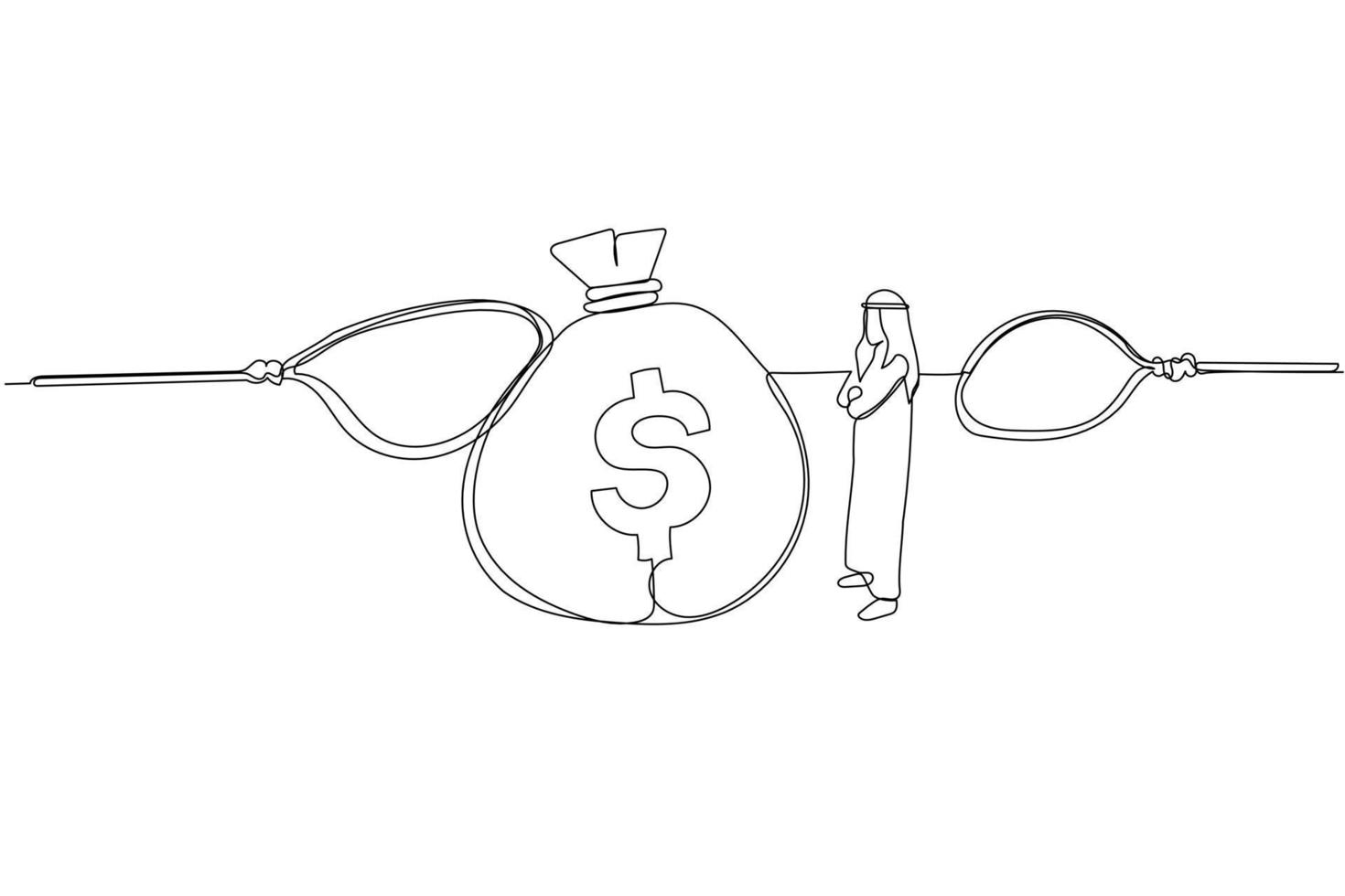 Illustration of arab man looking into big money bag standing among trap. One continuous line art style vector