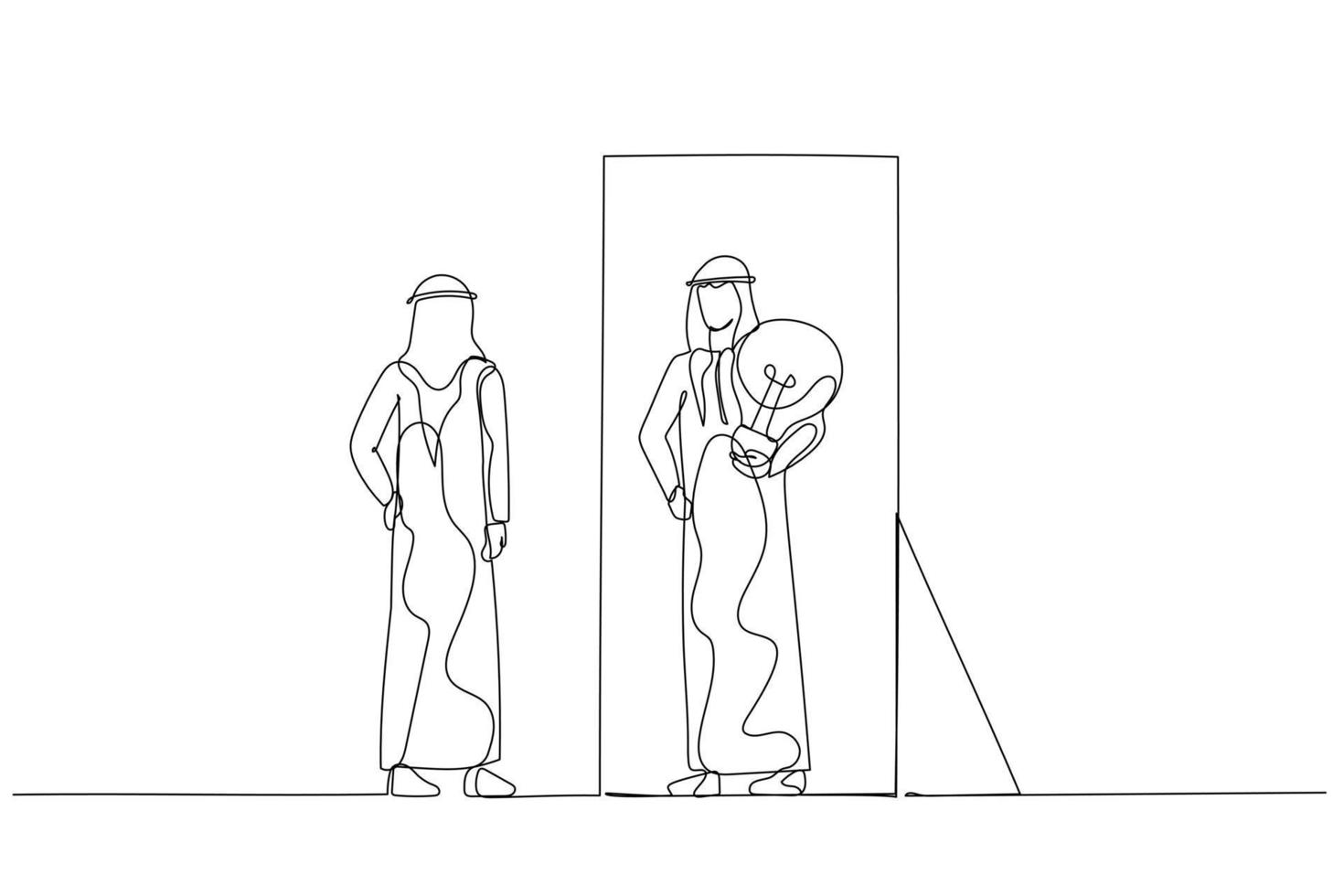 Illustration of arab man getting bright business idea solution after inner talk. One line style art vector