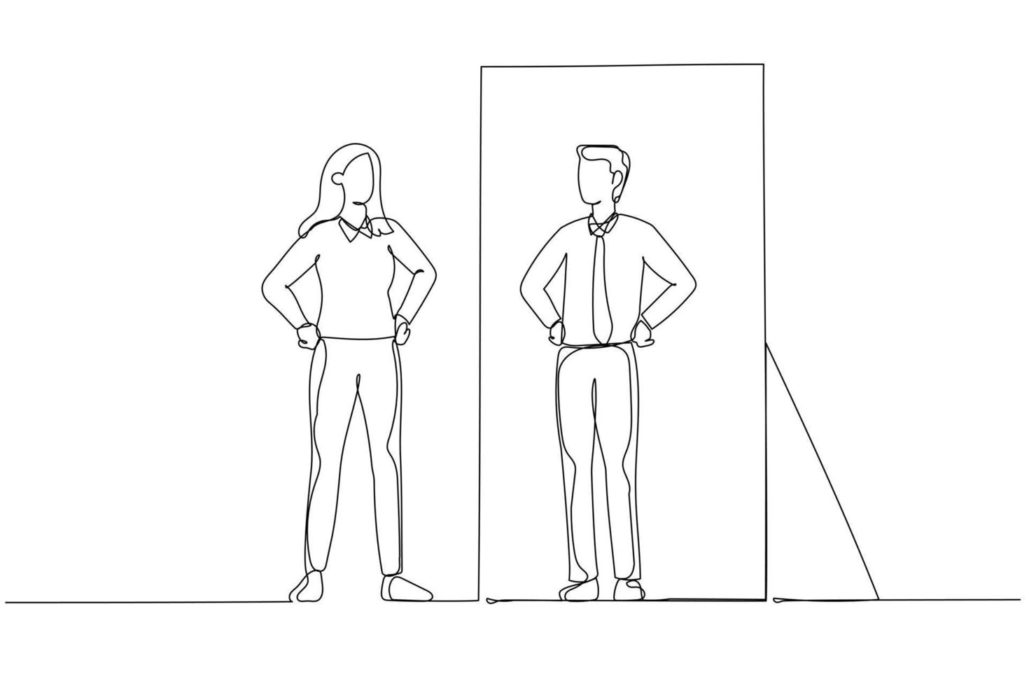 Cartoon of business woman looking at opposite gender of self on mirror reflection. Single line