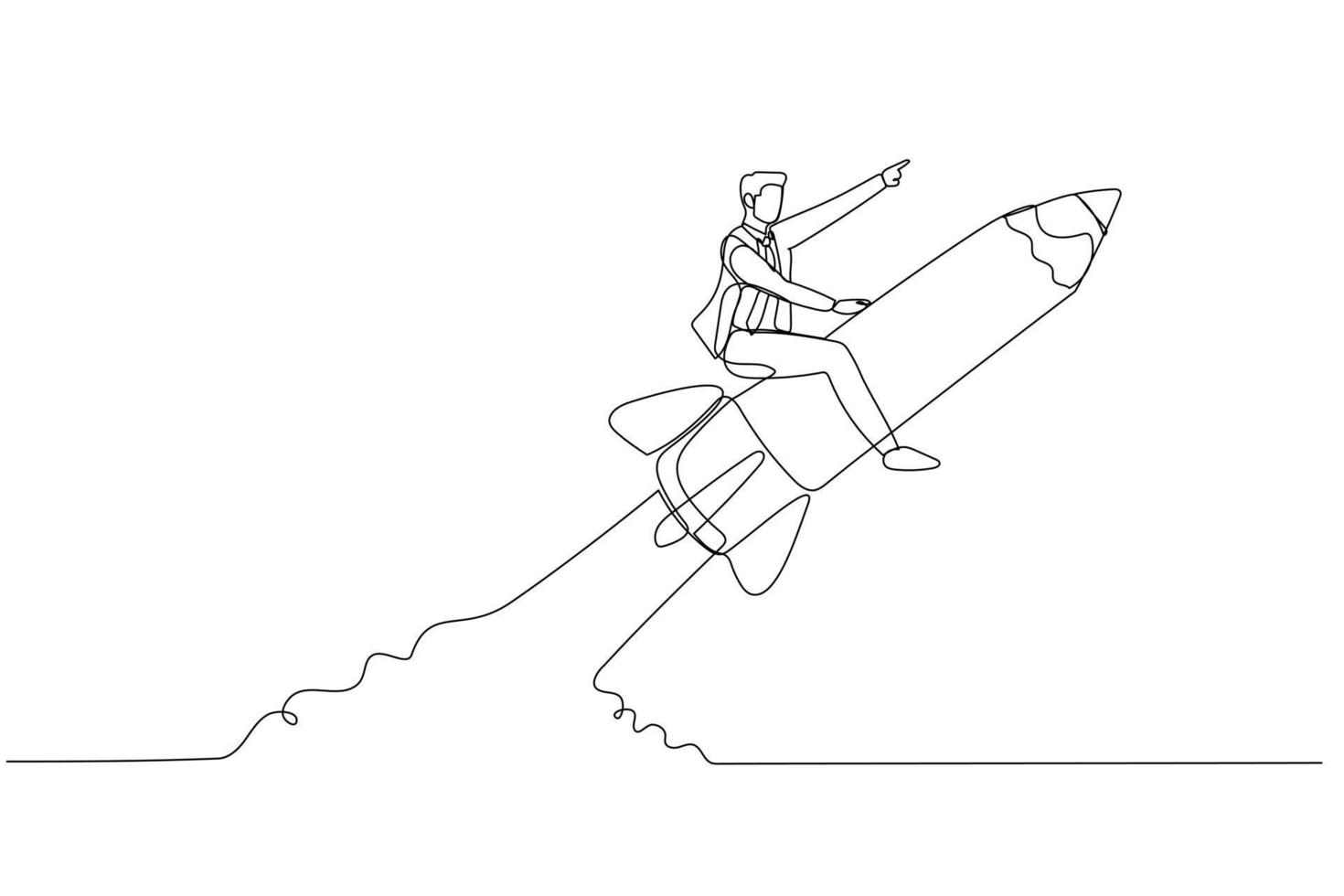 Drawing of businessman riding pencil rocket flying in the sky concept of education. Continuous line art style vector