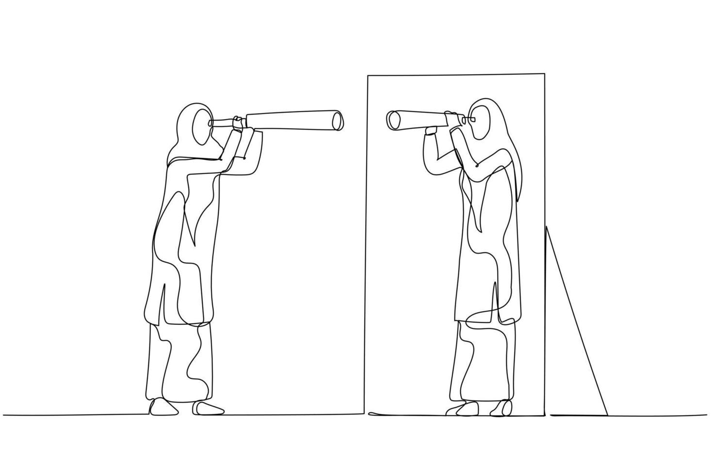 Illustration of woman wear hijab holding telescope looking into self in mirror. Single continuous line art style vector