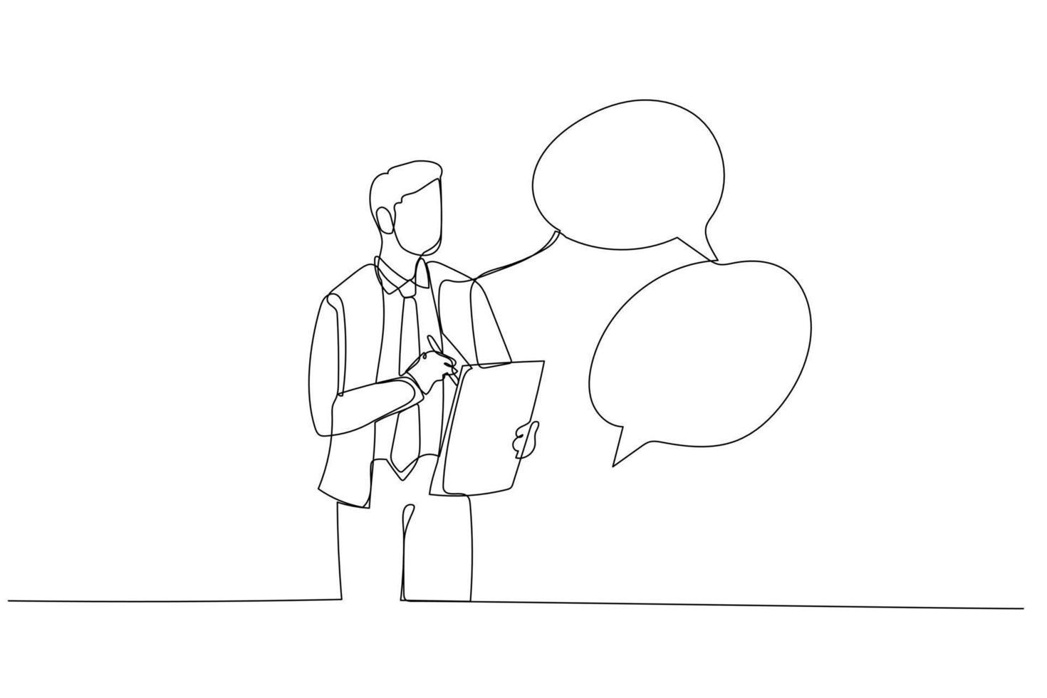 dibujo de un hombre de negocios tomando nota en la reunión mientras escucha el concepto de información de otros de las actas de la reunión. estilo de arte de línea continua única vector