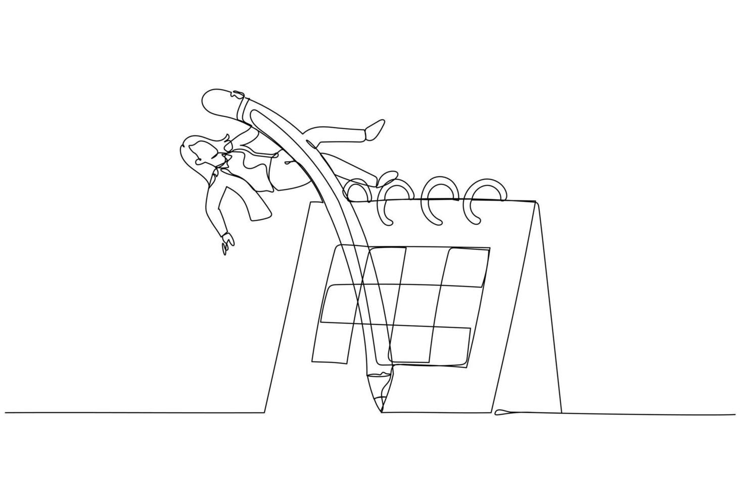 Drawing of businesswoman using pencil pole vault jumping over calendar concept of flexible work. Single continuous line art style vector