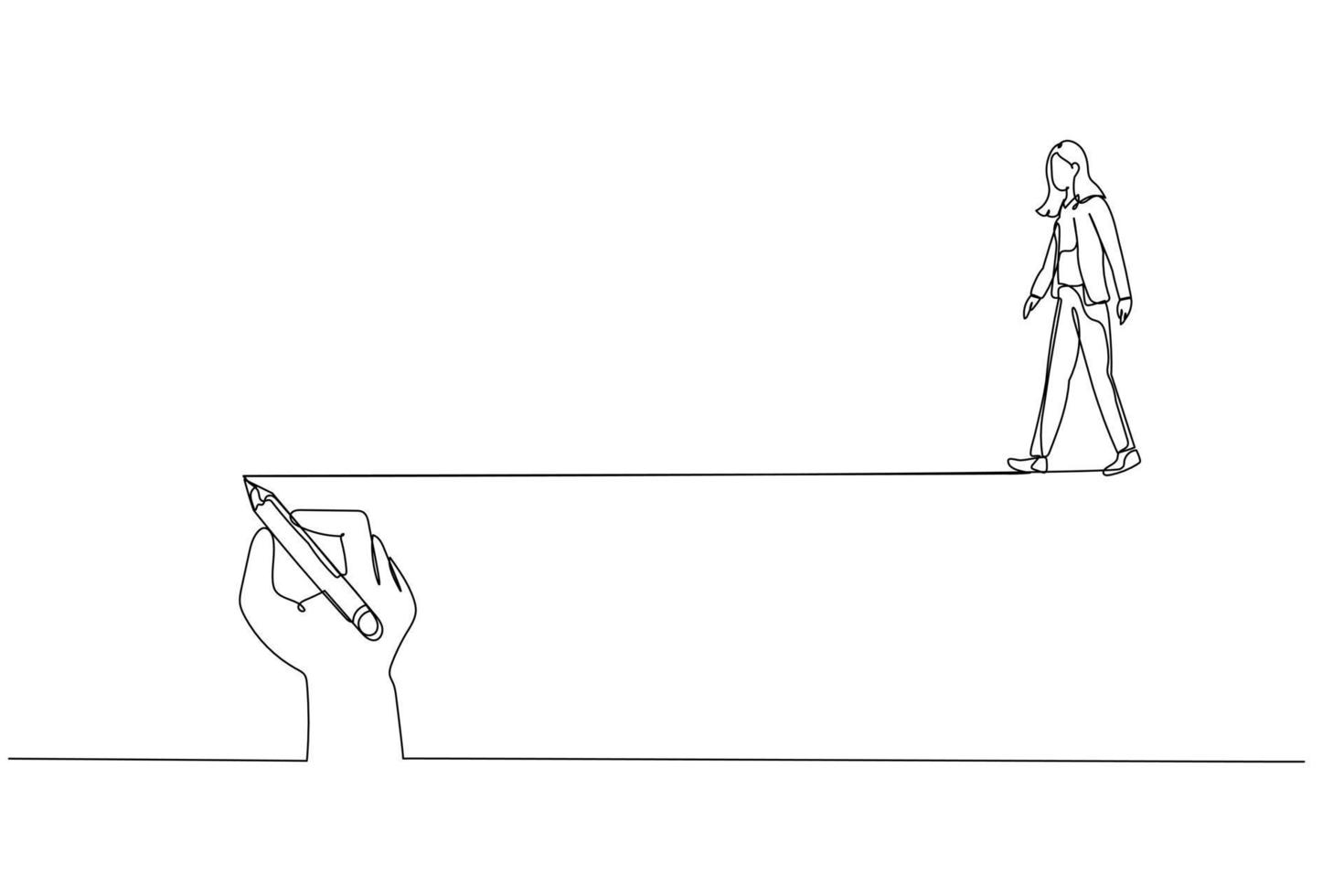 Cartoon of businesswoman walking following on guide line written by man concept of guidance. Single line art style vector