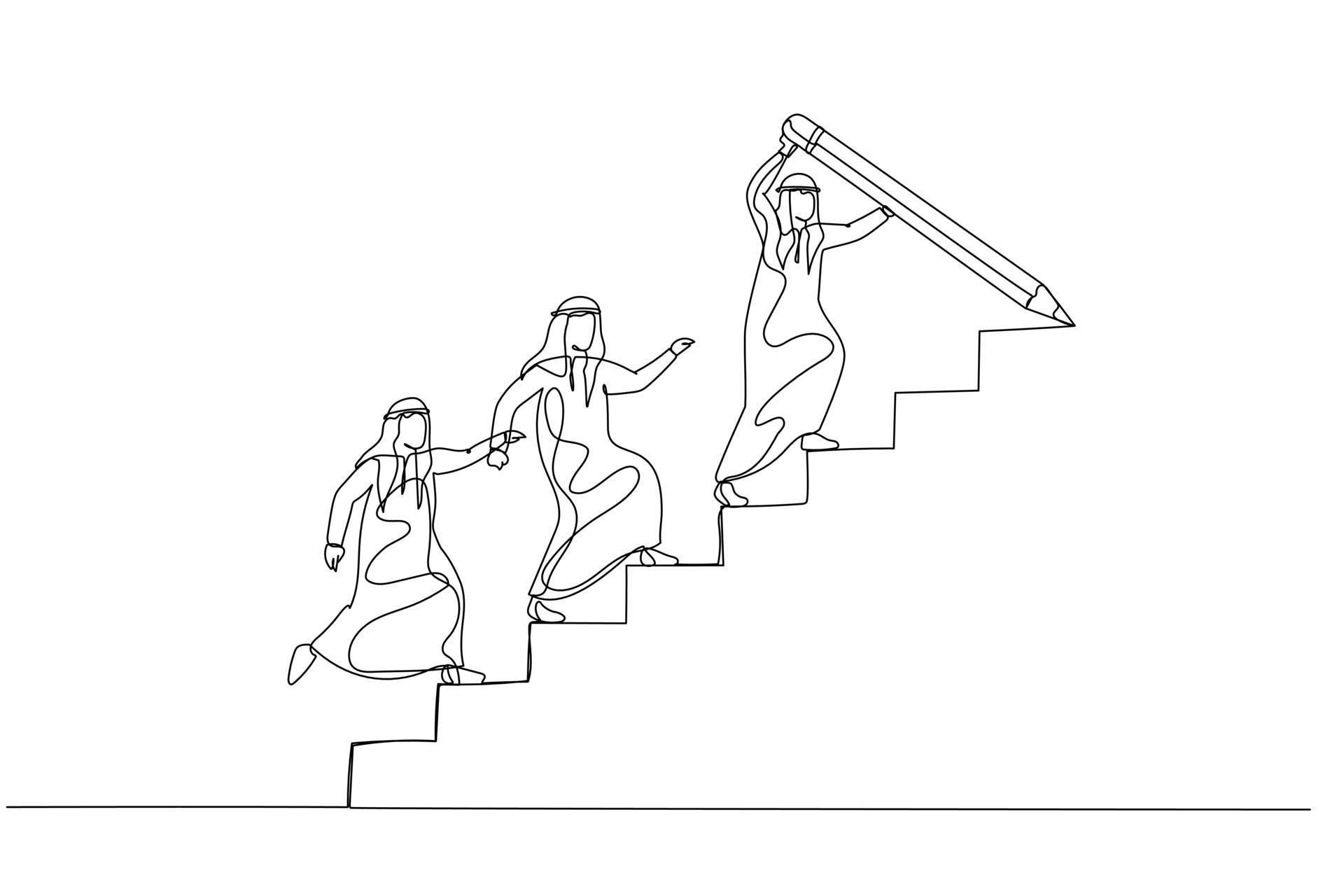 Drawing of businesswoman draw stair with pencil to lead team walk up