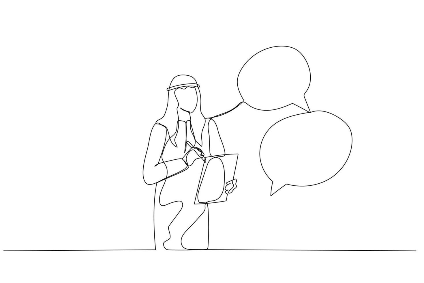 Cartoon of businesswoman taking note in the meeting while listen to others information concept of minutes of meeting. Single line art style vector