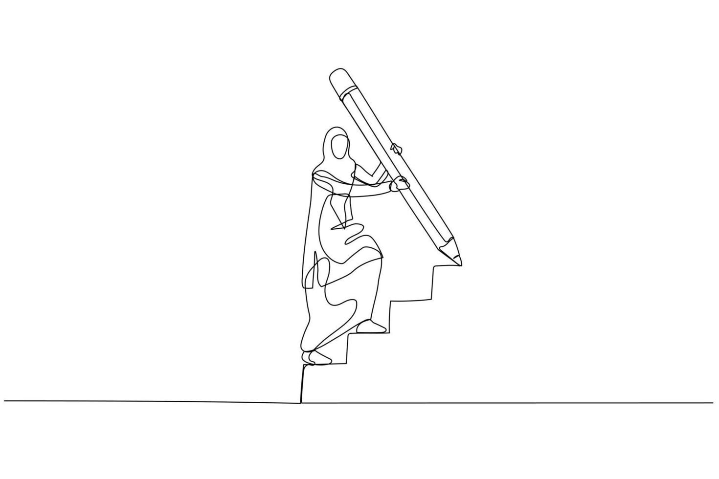 Cartoon of muslim woman use huge pencil draw staircase climbing up ladder concept of business development. Single continuous line art vector