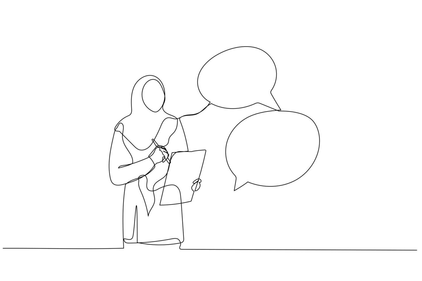 Cartoon of muslim woman taking note in the meeting while listen to others information concept of minutes of meeting. Single line art style vector