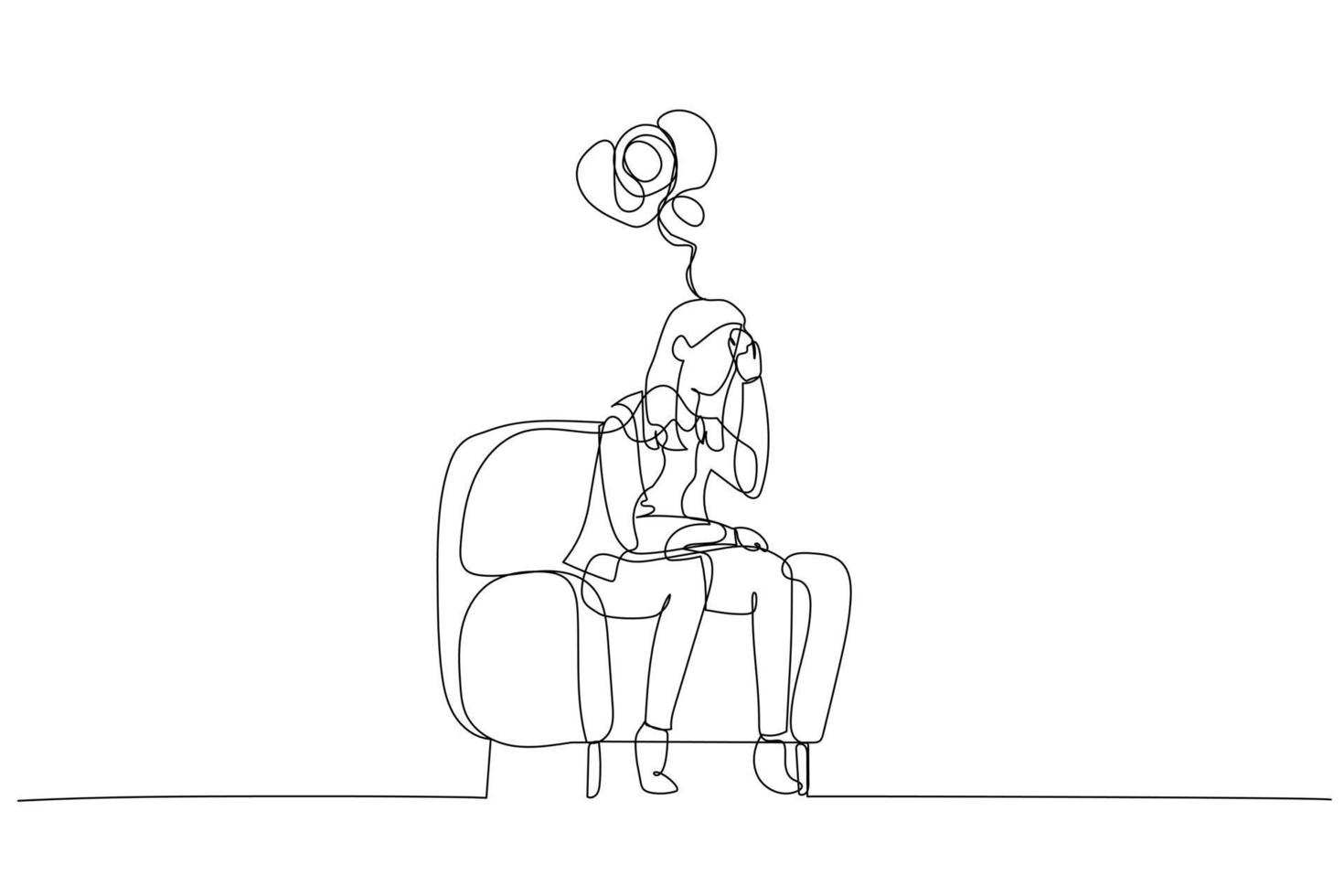 Drawing of businesswoman depressed and overthinking because of bankruptcy and loss. One line art style vector