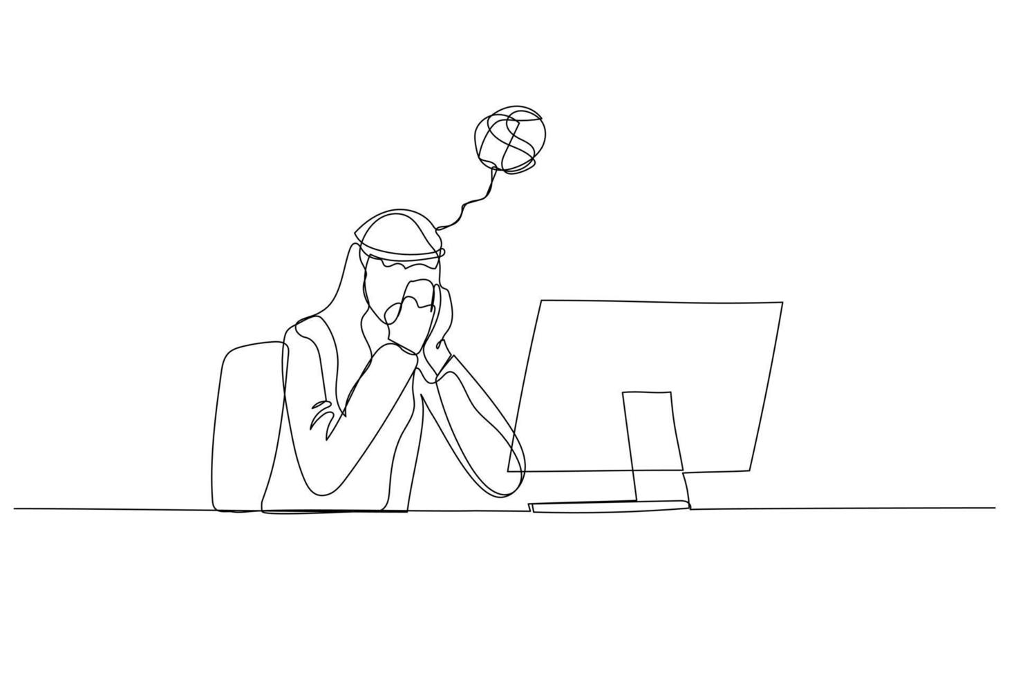 Cartoon of arab man depressed suffered in workplace. Continuous line art style vector