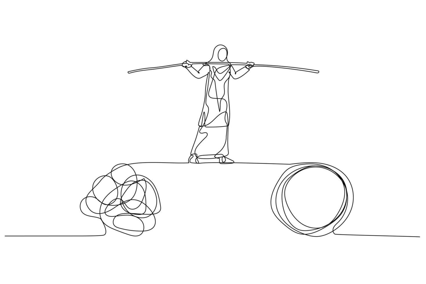 Cartoon of muslim woman walk on tight rope balancing between problem. Single line art style vector