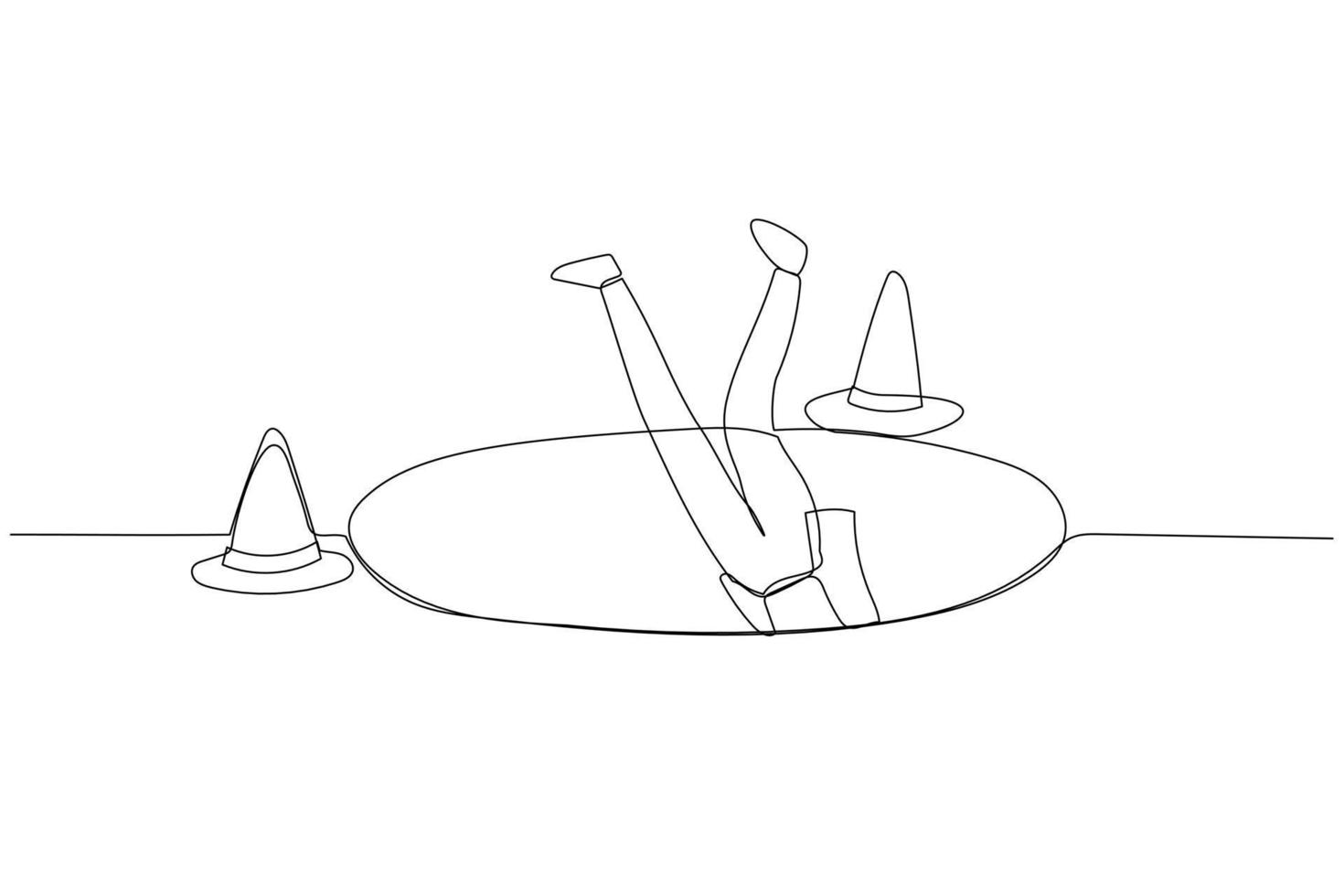 Drawing of business woman fall down into trap hole metaphor of failure or mistake. Continuous line art vector