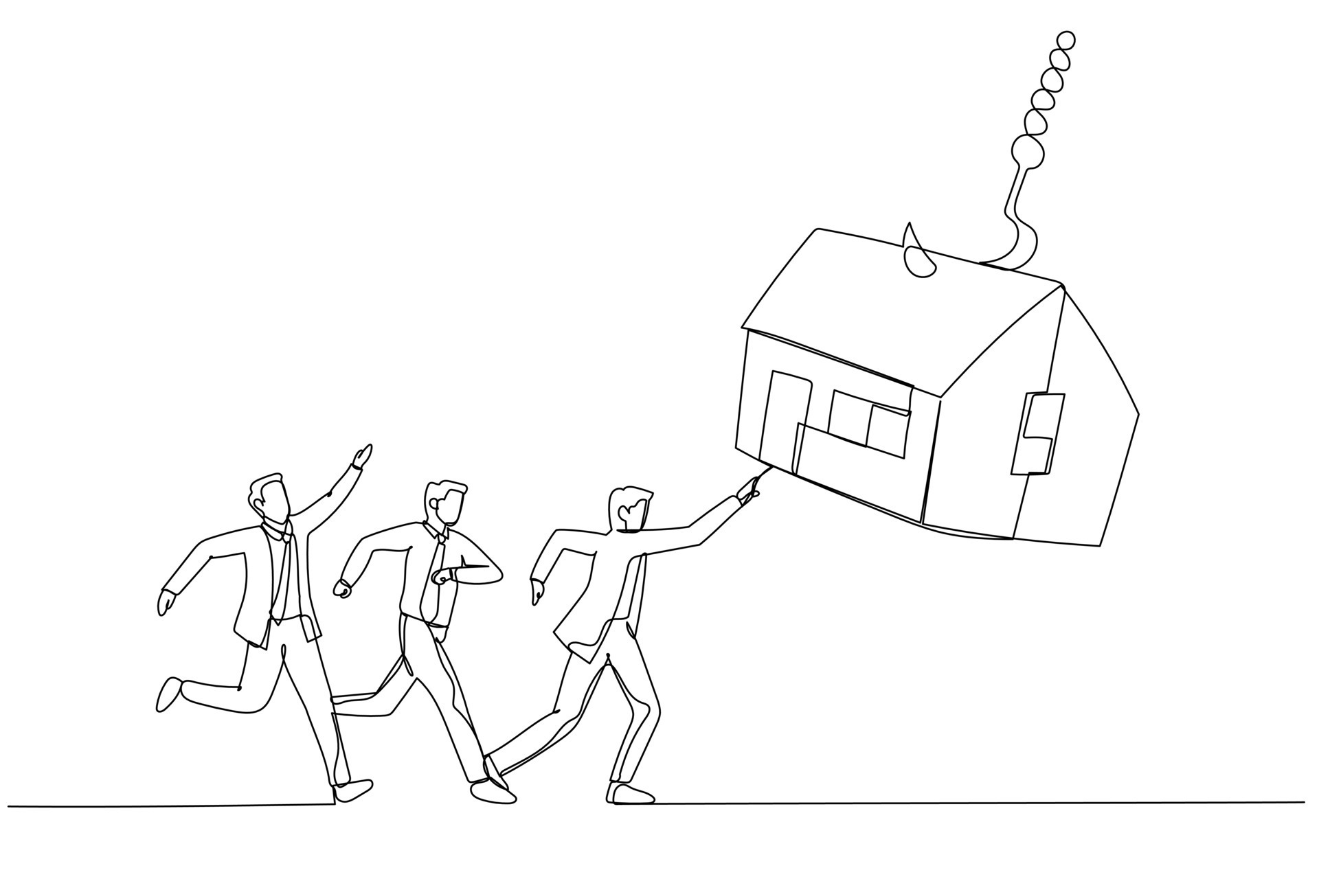 Drawing of group of businessman try to get house bait on fishing