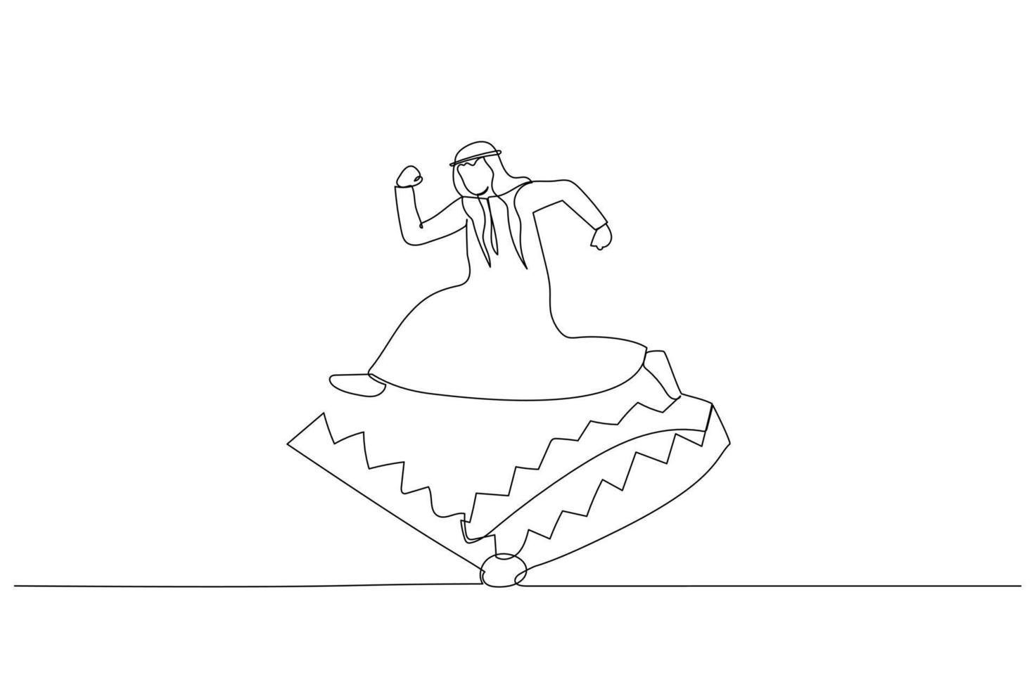 Cartoon of arab man jump over trap metaphor of avoid scam business project. Continuous line art vector