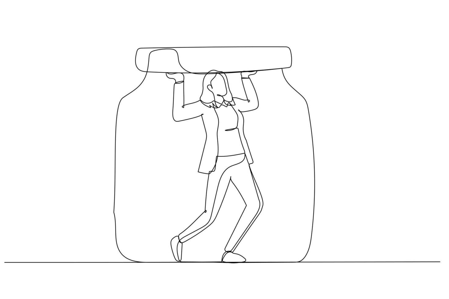 Illustration of business woman trapped in a jar concept of business limitation. Single continuous line art style vector