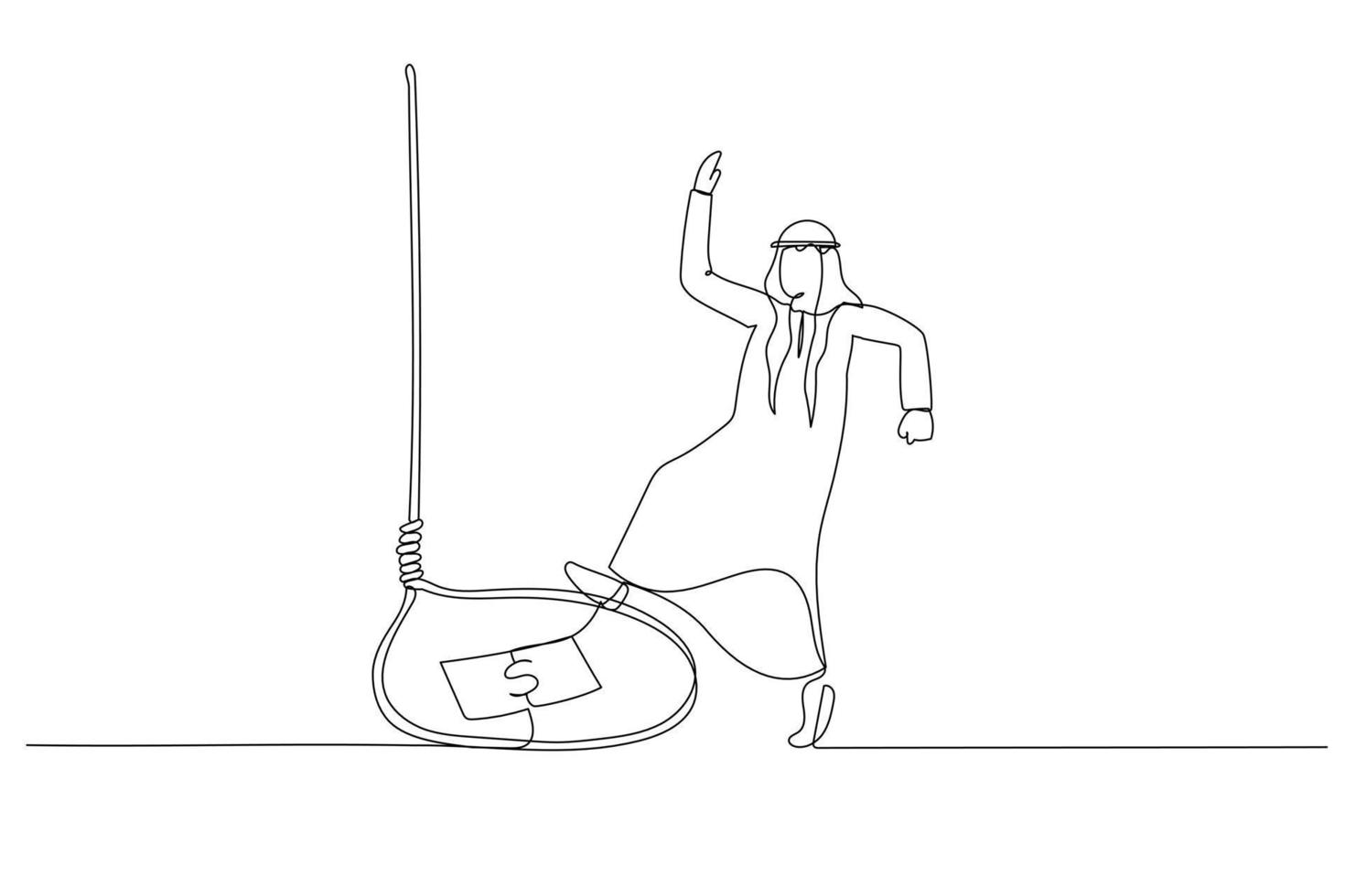 Drawing of arab man tricked with money bait get trap because greedy. Single line art style vector