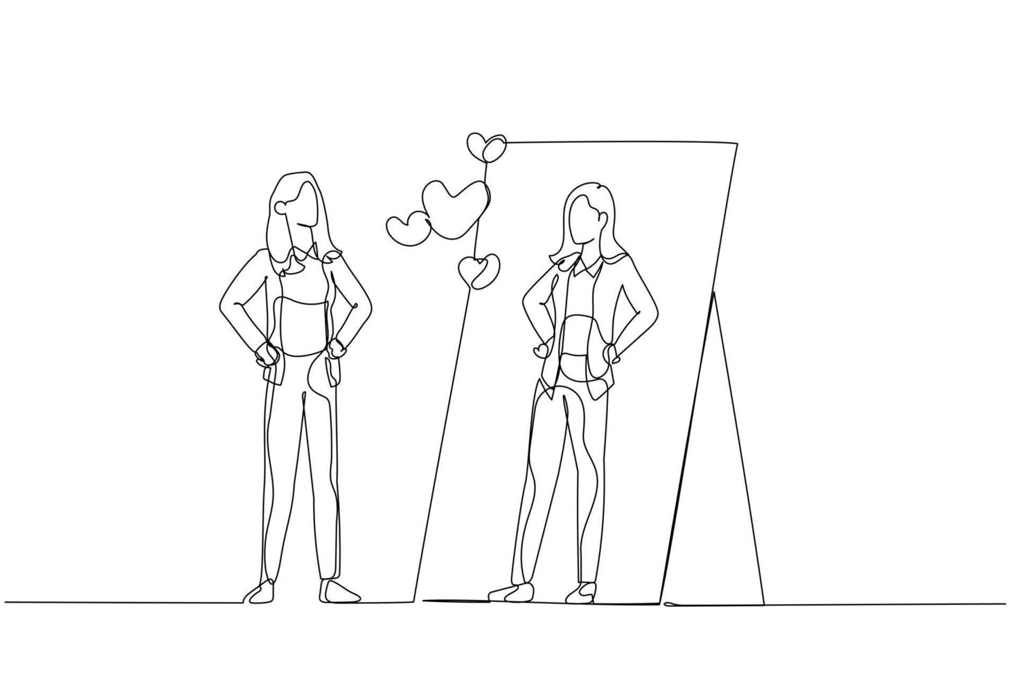 Illustration of business woman looking into mirror self loving mental health. Single continuous line art style vector