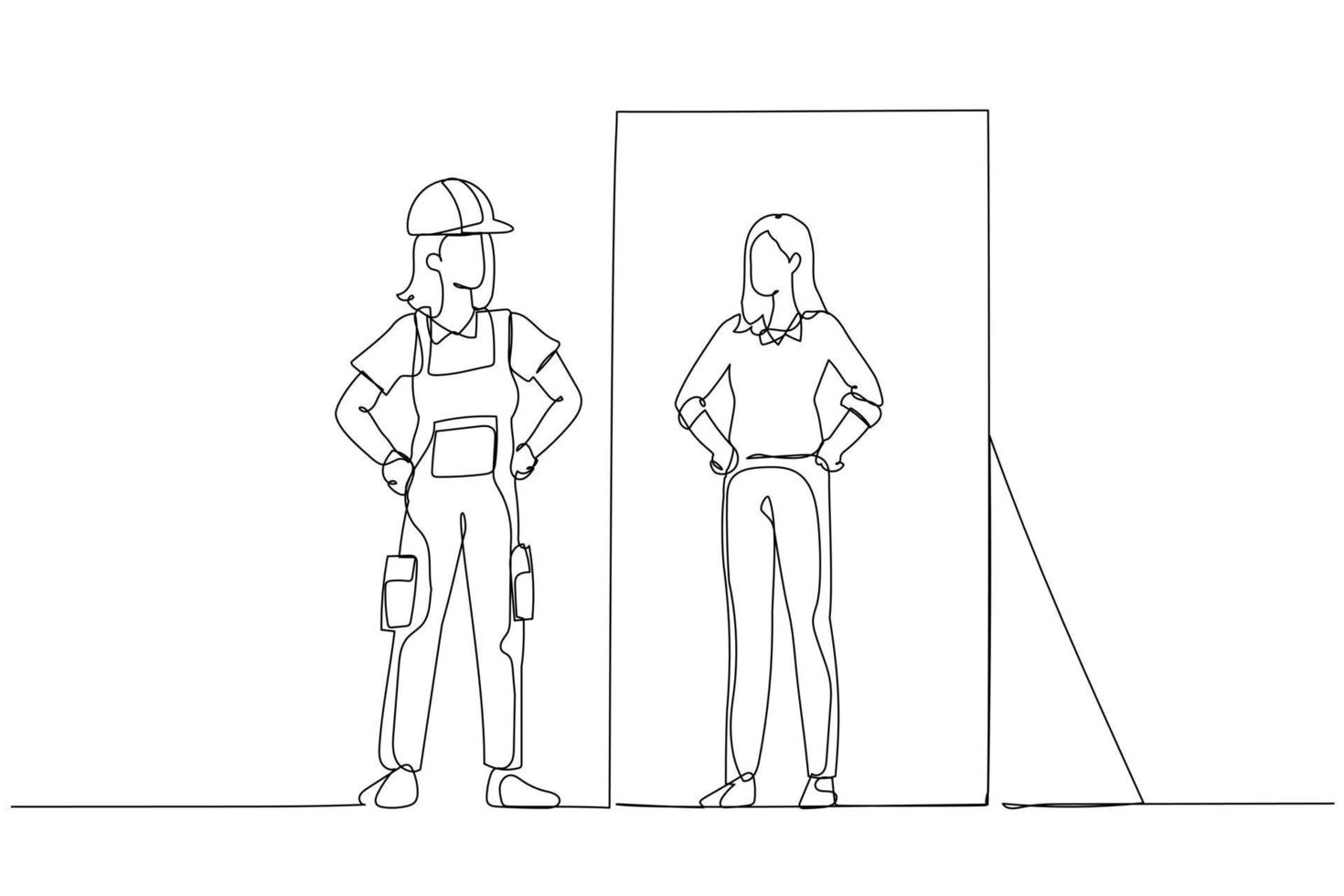 Illustration of blue collar worker looking into business woman version of self in the mirror. Single continuous line art style vector