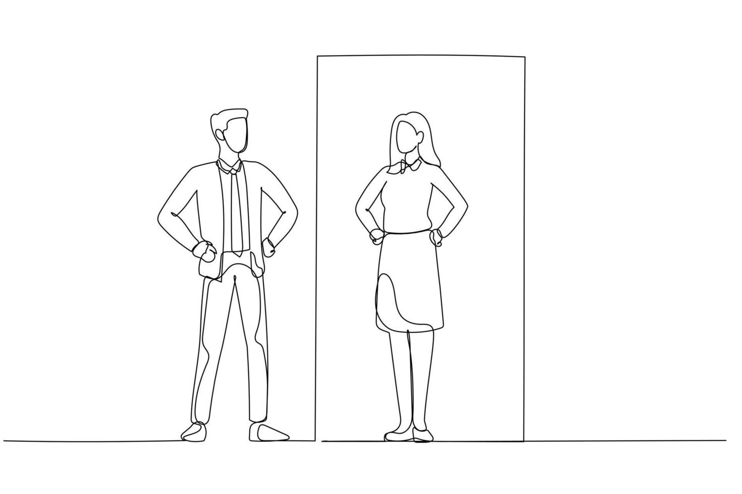 Drawing of businessman looking at opposite gender of self on mirror reflection. Single continuous line art style vector