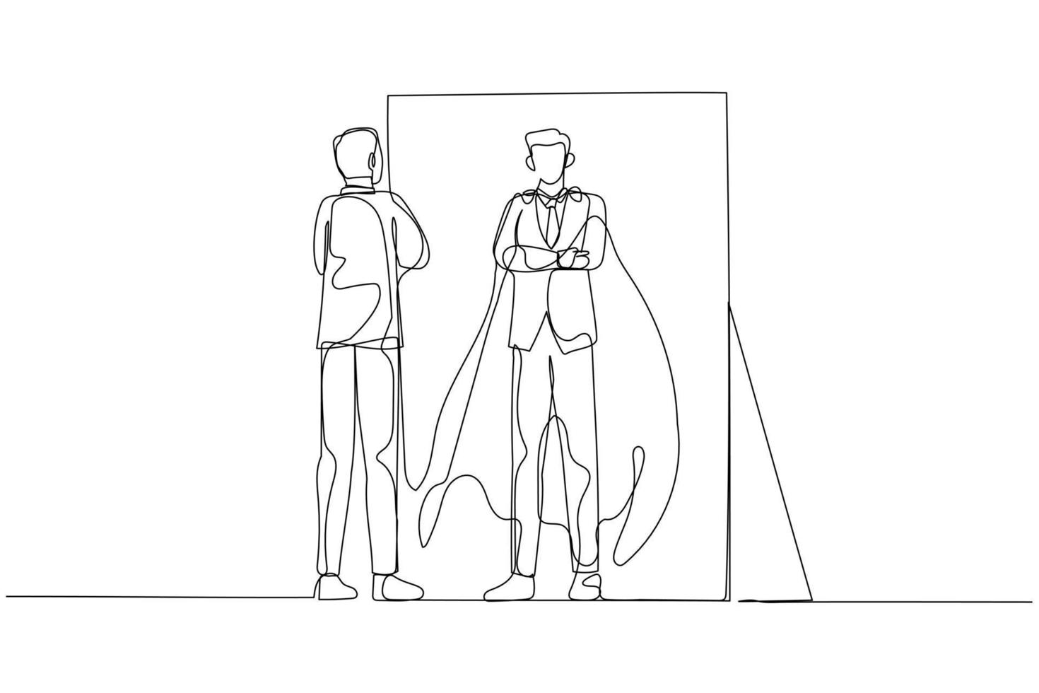 Illustration of businessman reflect self looking into inner strength in mirror. Single continuous line art vector