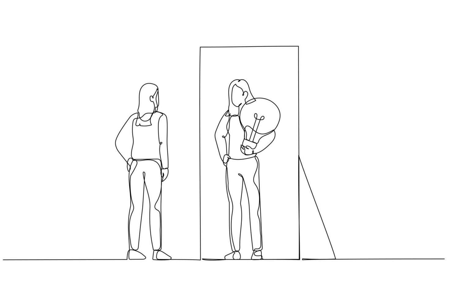 Cartoon of business woman getting bright business idea solution after inner talk. Single continuous line art vector