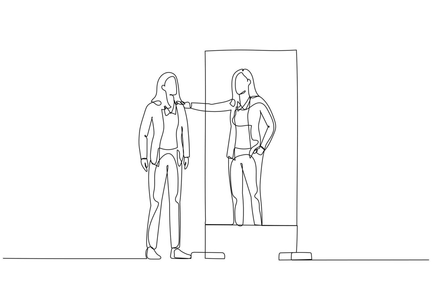 Drawing of business woman looking into mirror embrace self concept of self esteem self care. One line art style vector