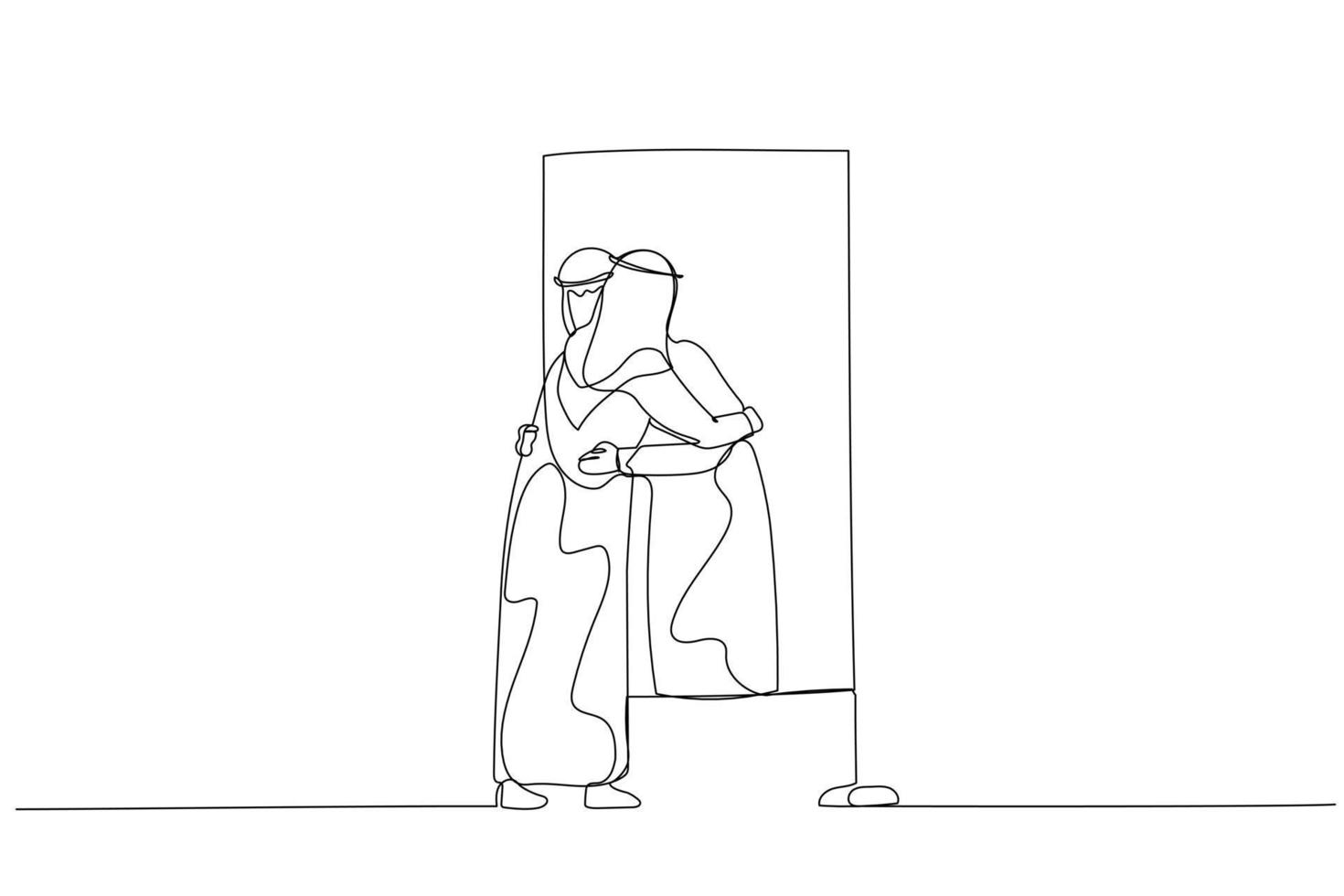 Illustration of arab man hugging own reflection on the mirror concept of self love. One line art style vector