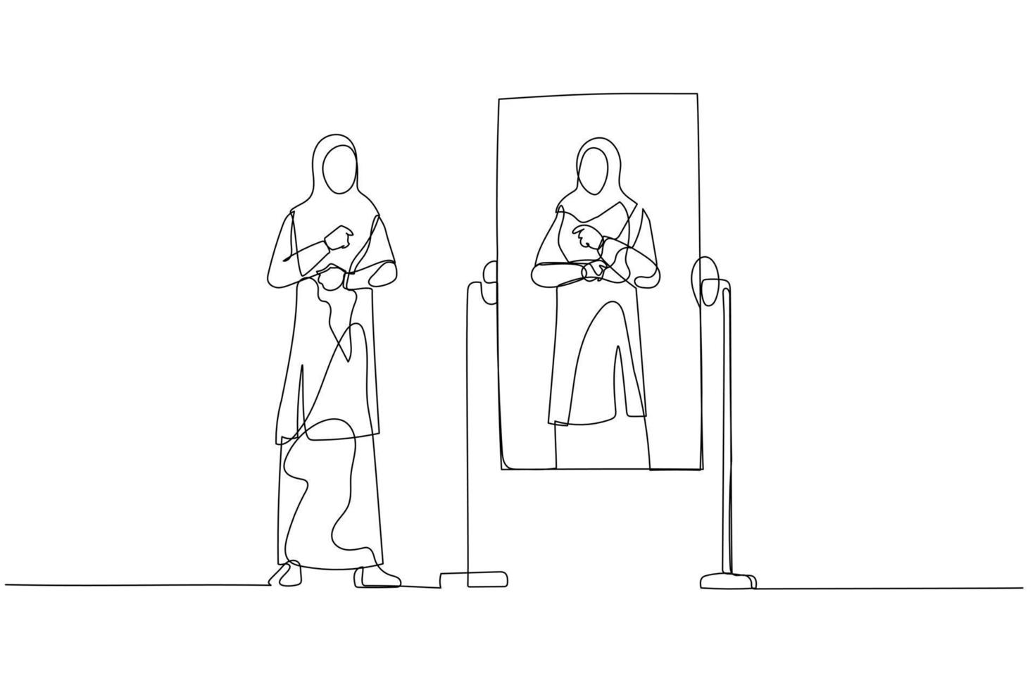 Drawing of woman wear hijab getting ready to work looking into mirror. One line style art vector