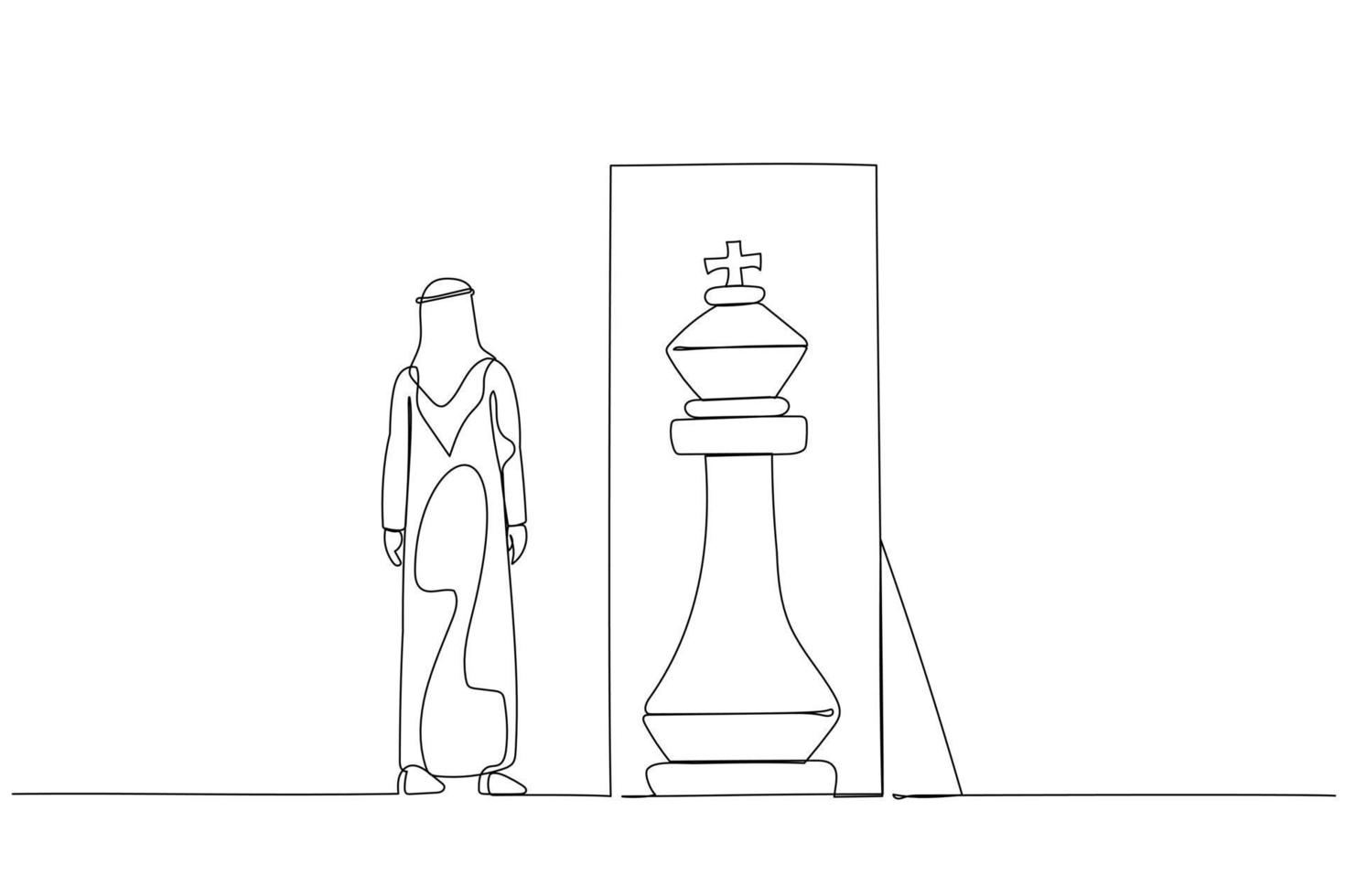 Cartoon of arab man standing infront of mirror seeing inner king chess piece concept of positive mindset. One line art style vector