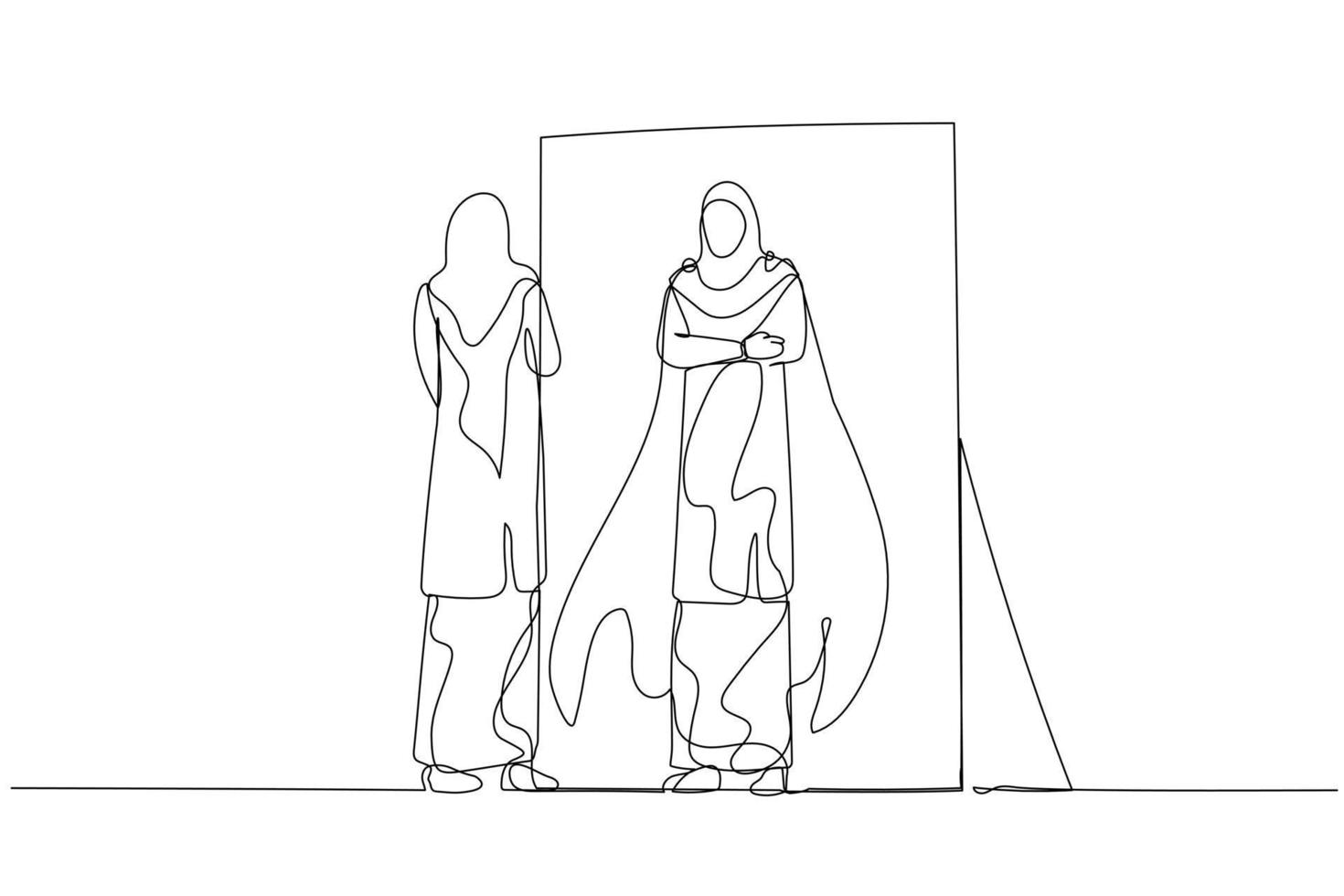 Drawing of woman wear hijab reflect self looking into inner strength in mirror. One line art style vector