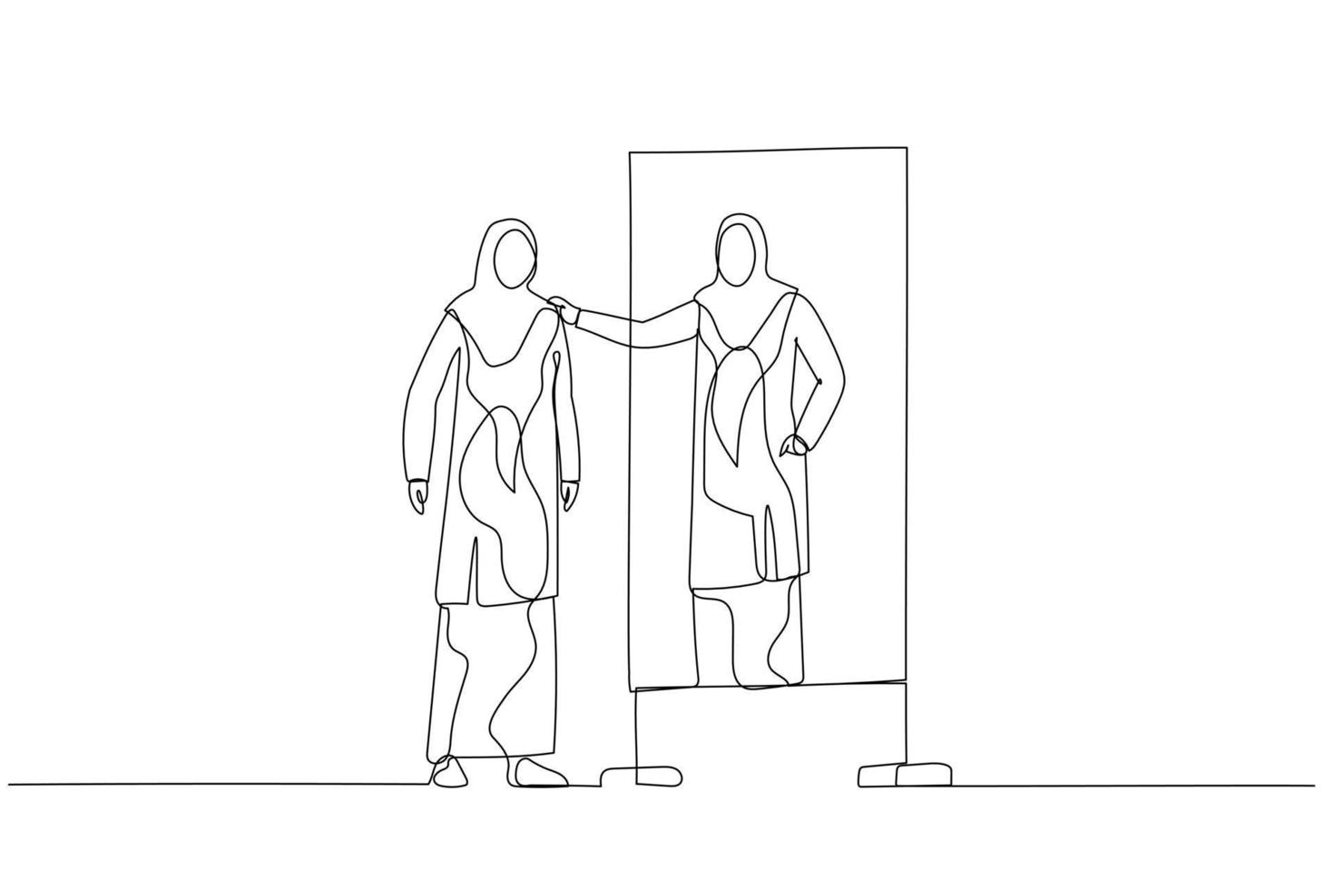 Drawing of woman wear hijab looking into mirror embrace self concept of self esteem self care. One continuous line art style vector