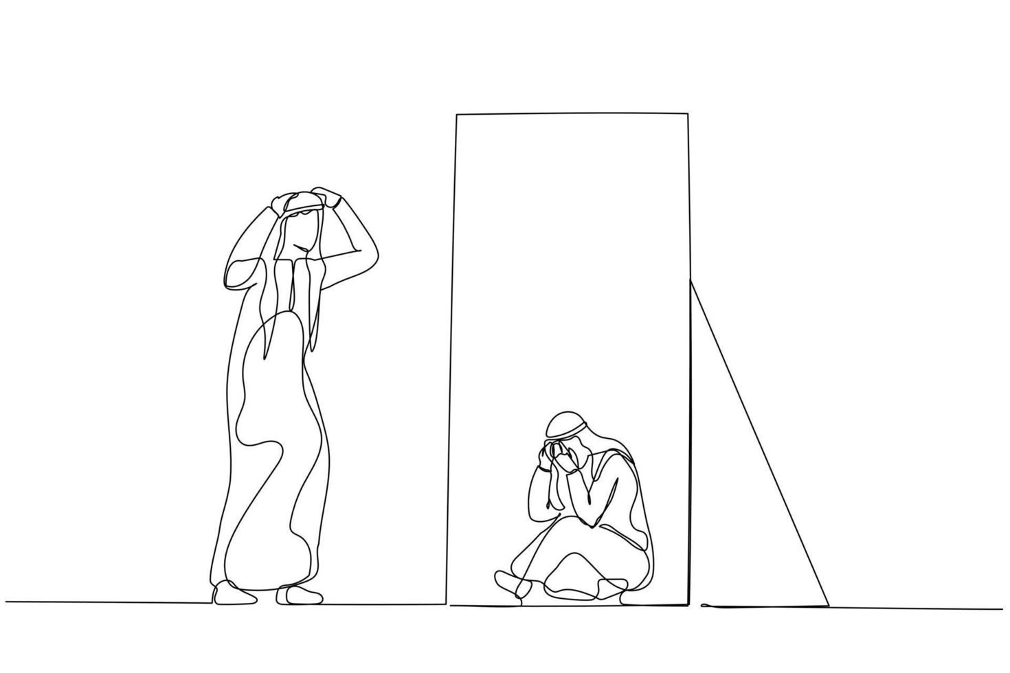 Illustration of arab man panic look into mirror seeing depressed self. One line art style vector