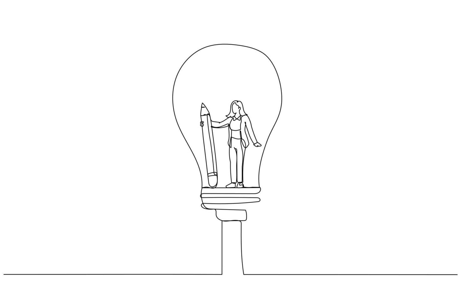 Drawing of businesswoman holding pencil think inside idea on lightbulb concept of creative imagination solution invention. One line art style vector