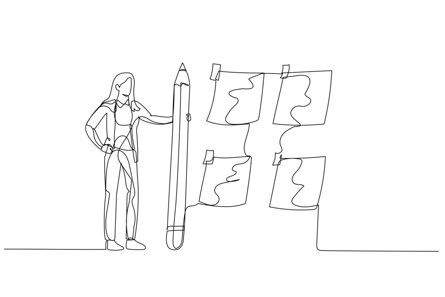 Drawing of businesswoman with pencil sort sticky notes concept of prioritize work. One line style art vector