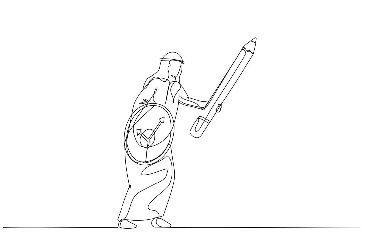 Cartoon of businesswoman using pencil as sword and clock as shield concept of procrastination or time management. Single line art style vector