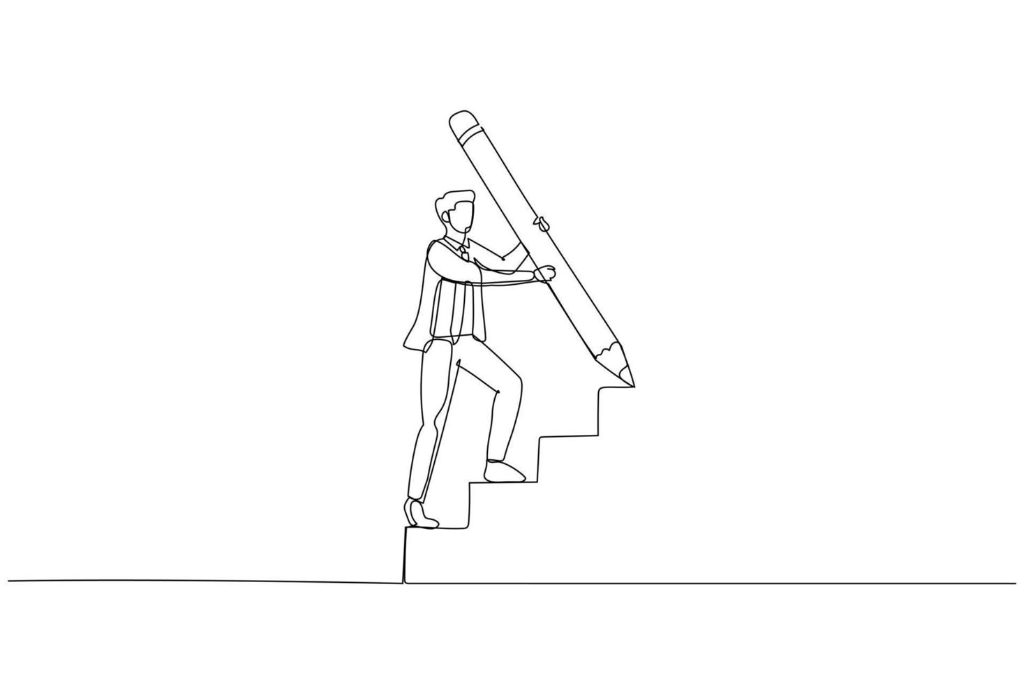 Drawing of businessman use huge pencil draw staircase climbing up ladder concept of business development. Single continuous line art style vector