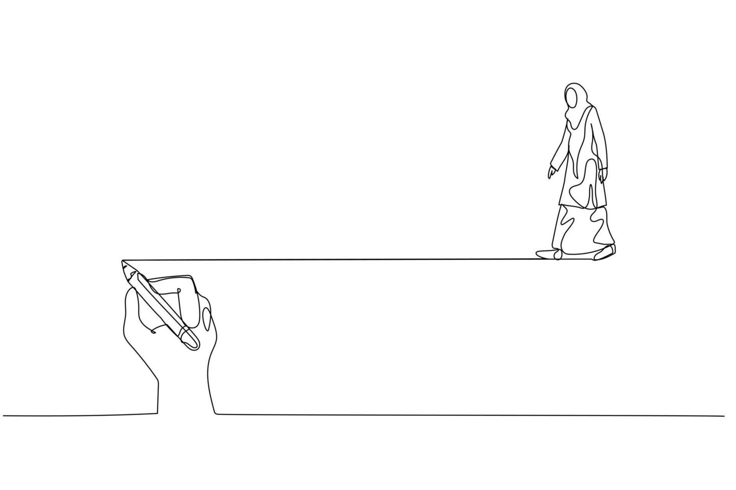 Illustration of muslim woman walking following on guide line written by man concept of guidance. Single continuous line art style vector