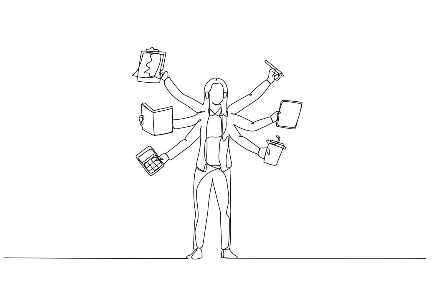 Cartoon of businesswoman with several hand concept of multitasking. Single continuous line art vector