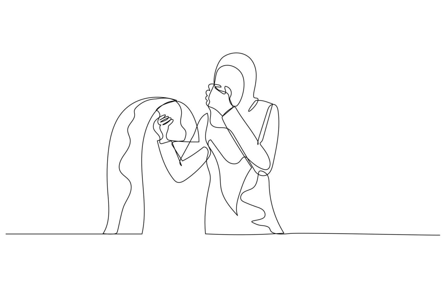 ilustración de una mujer musulmana con una larga lista de facturas estresadas por la deuda. estilo de arte de línea continua única vector