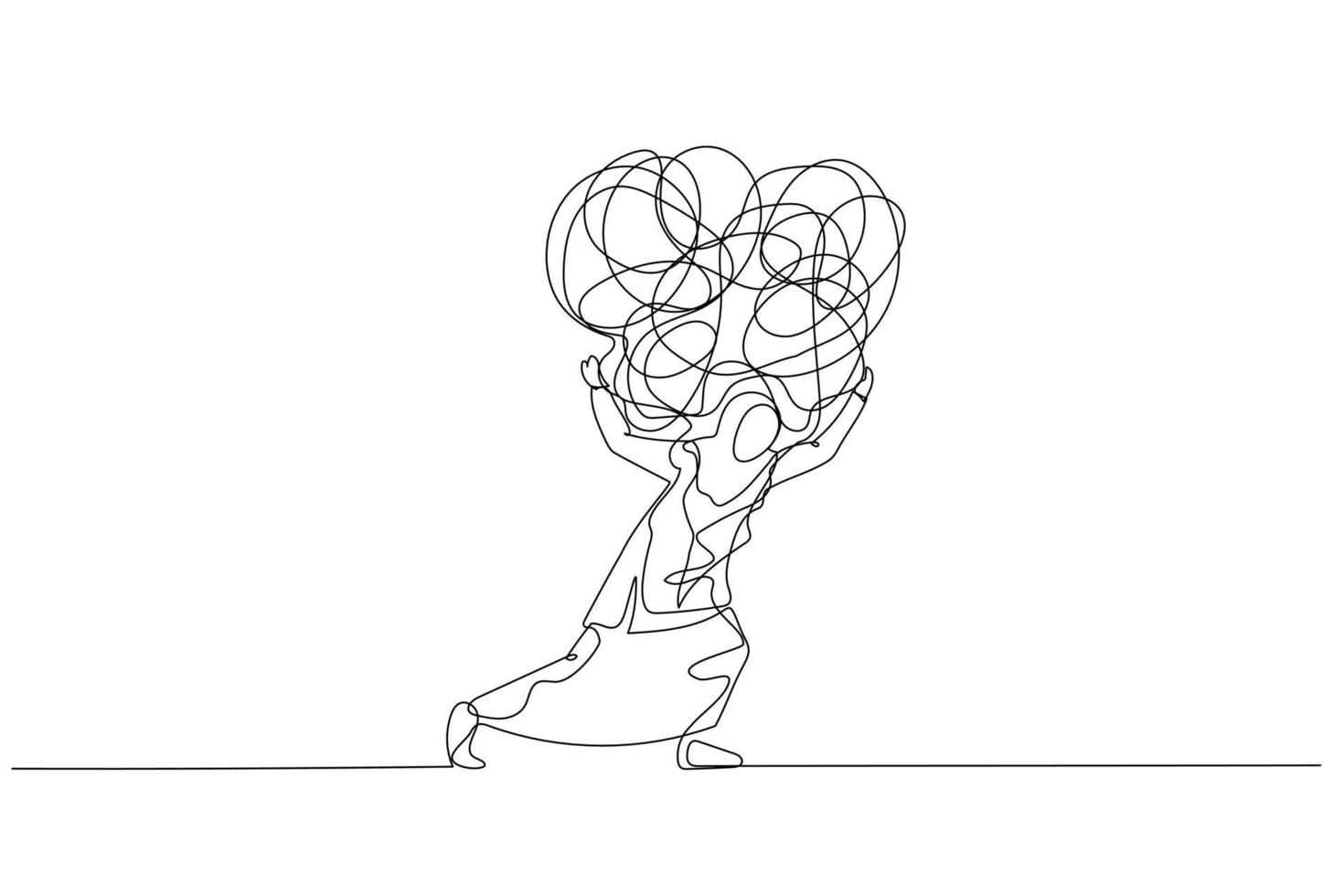 Drawing of muslim woman carrying heavy messy line on his back metaphor of stress from work. One line art style vector