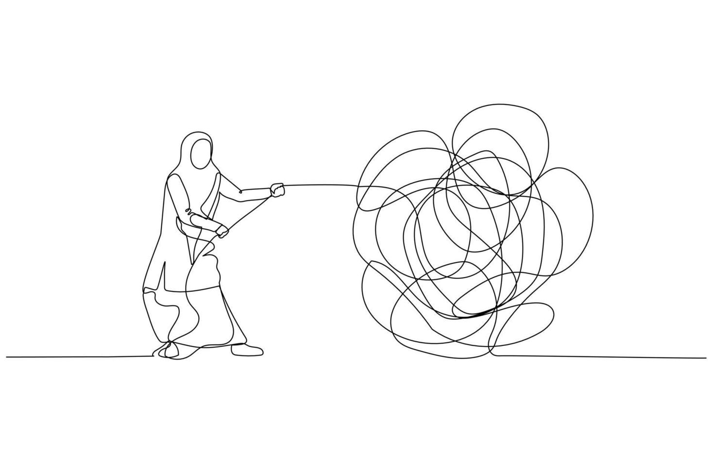 Illustration of muslim woman try to unraveling tangled rope concept of solution and problem solving. Continuous line art style vector