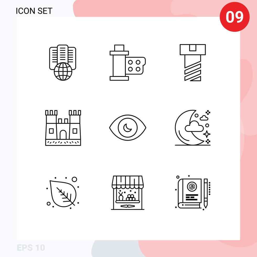 conjunto de 9 iconos de interfaz de usuario modernos símbolos signos para ver elementos de diseño vectorial editables del castillo del ojo del carrete del ojo humano vector