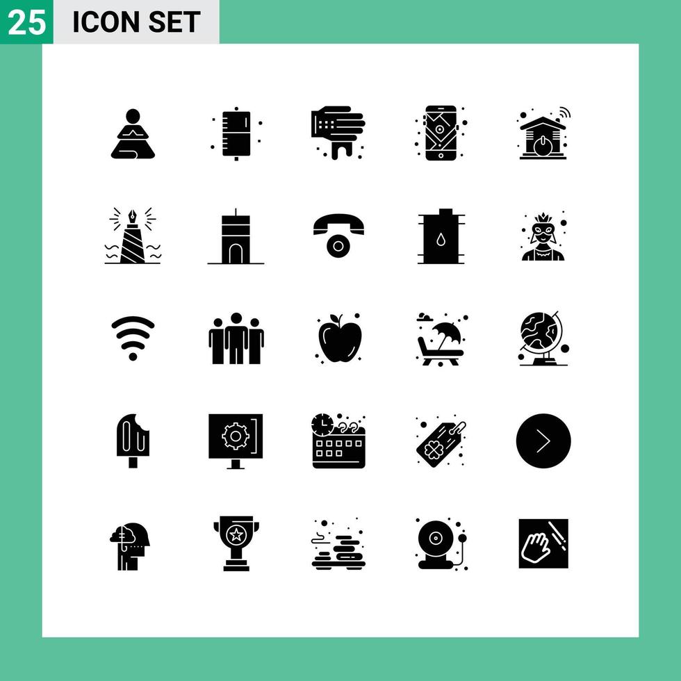 Mobile Interface Solid Glyph Set of 25 Pictograms of home route health navigation gps Editable Vector Design Elements